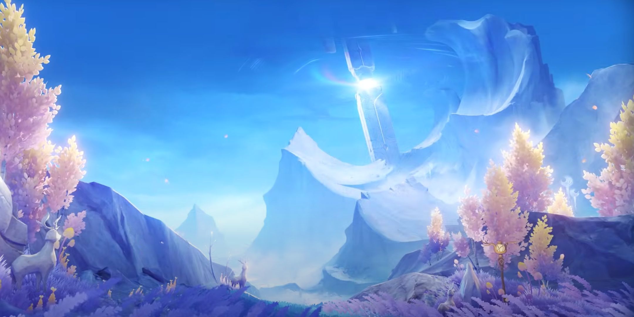 Genshin Impact Nod Krai promotional picture showing the mountains and a tower in the area.