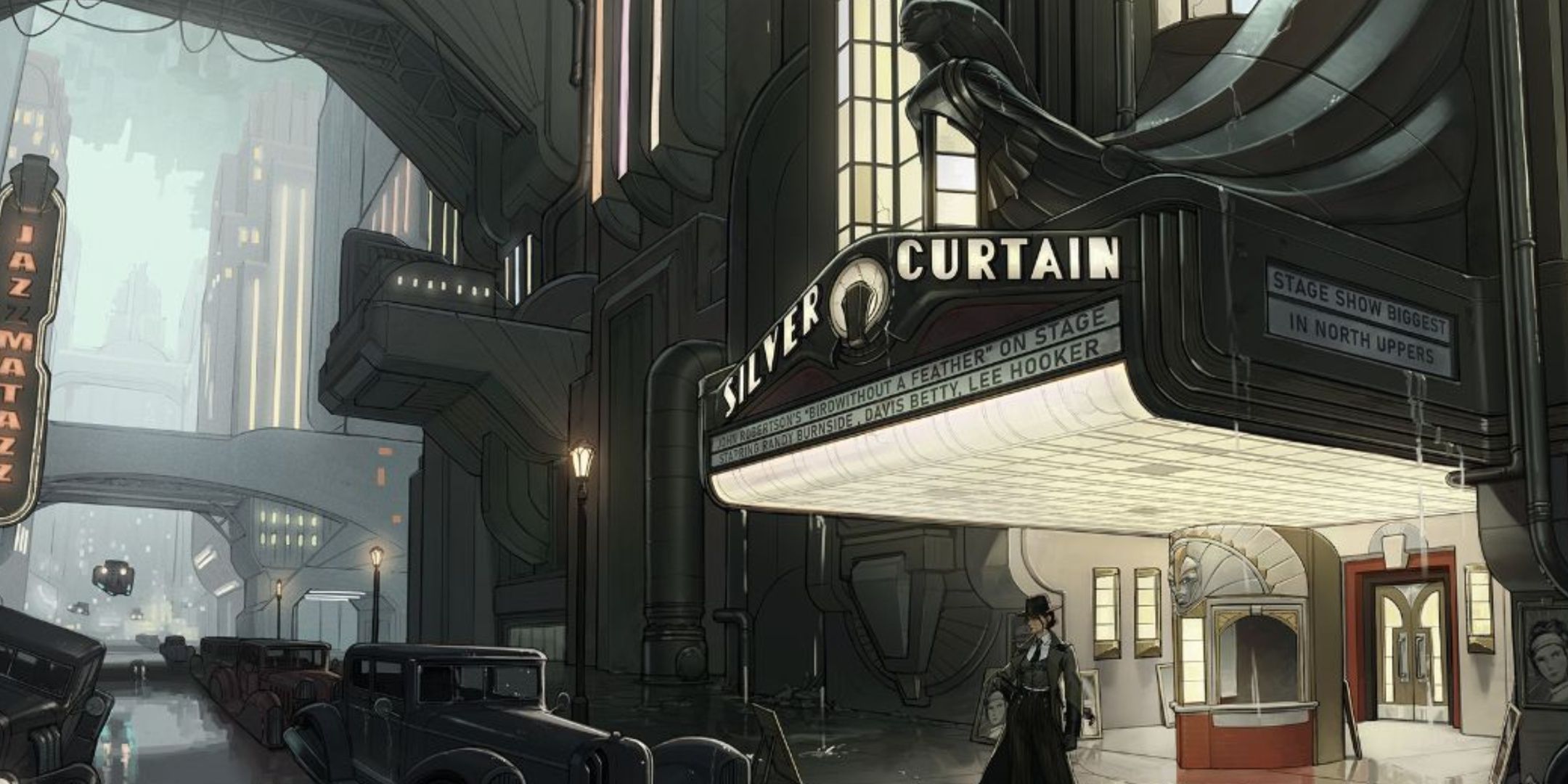 Gia in front of a theater marquee in Aether & Iron.