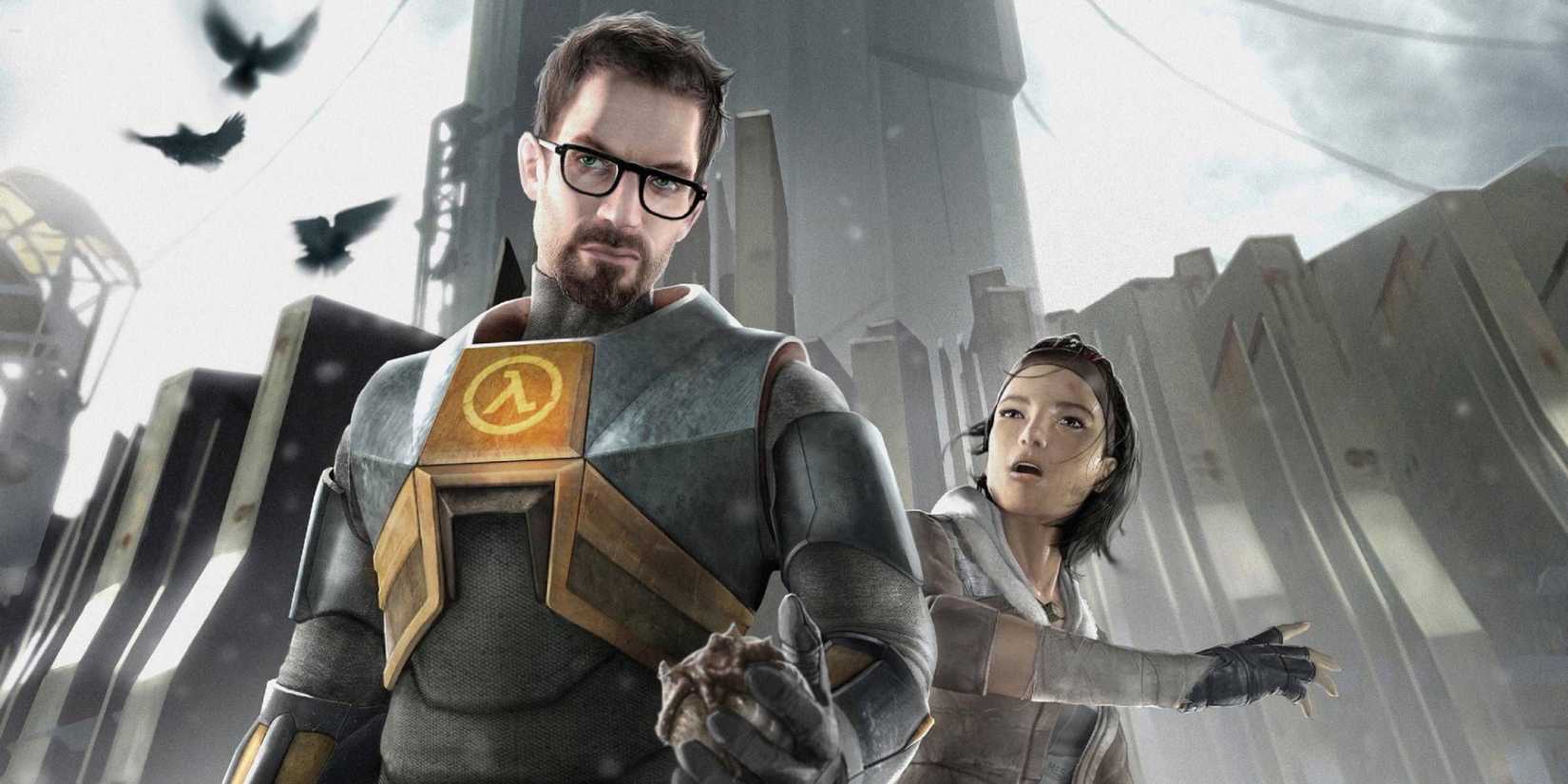 Gordon Freeman posing with Alyx Vance in City 17 on cover art from Half-Life 2.