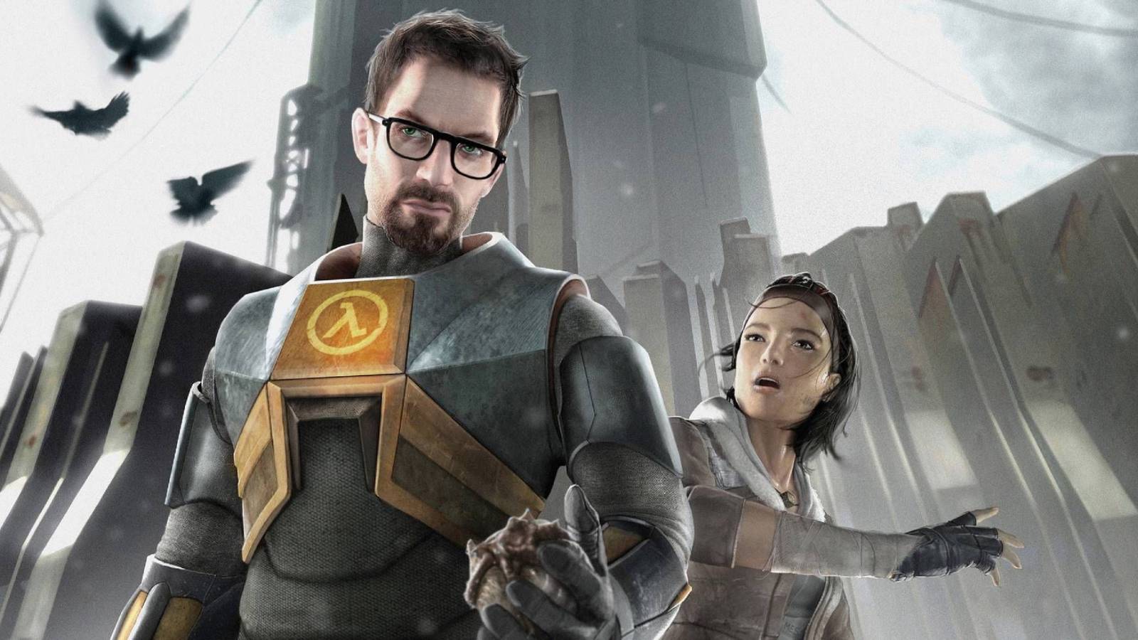Gordon Freeman posing with Alyx Vance in City 17 on cover art from Half-Life 2.