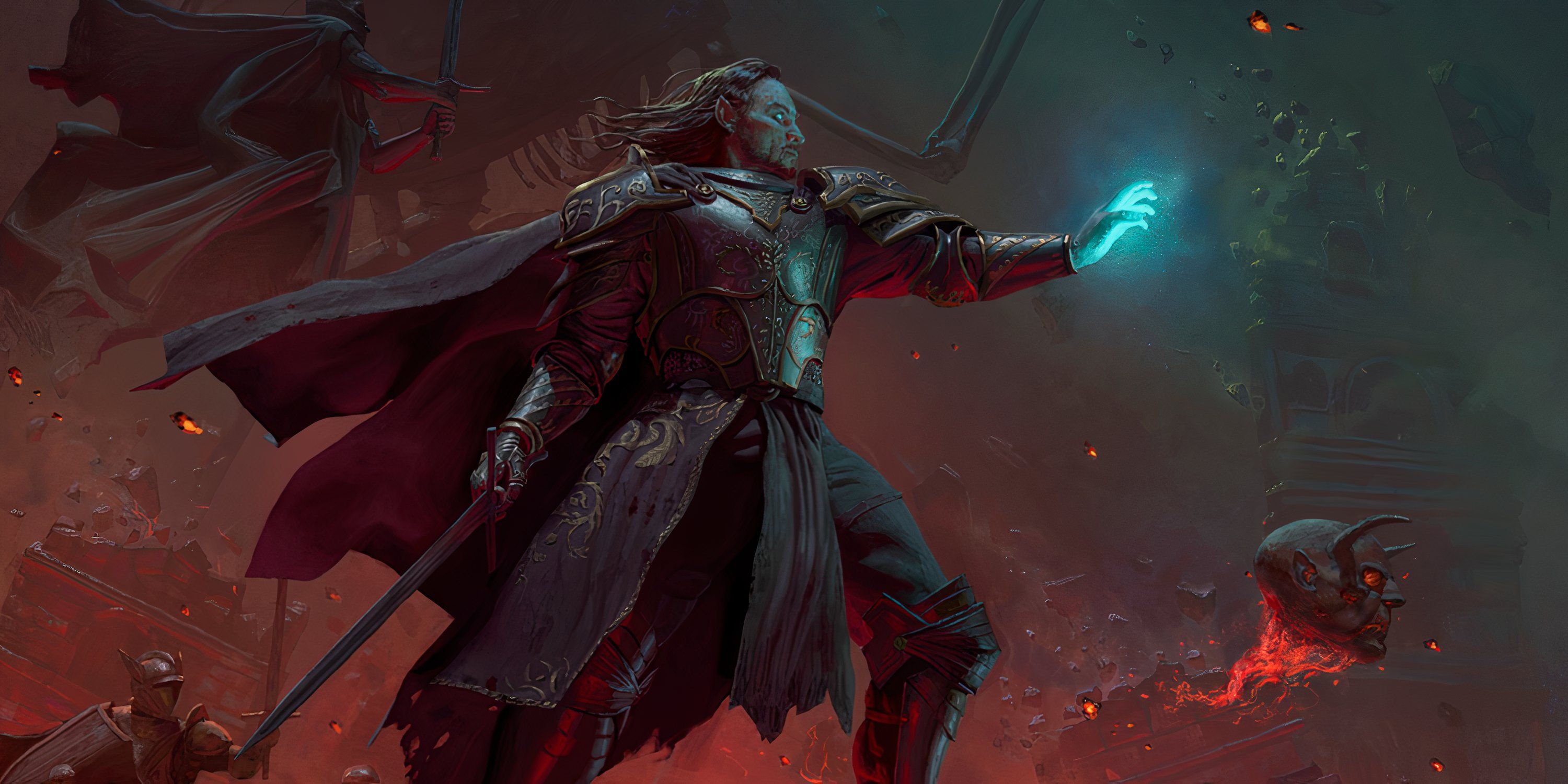 A black armored and cloaked Illrigger, an infernal hell knight for the roleplaying game Dungeons and Dragons. His hand is outstretched, blue glow coming from the palm.