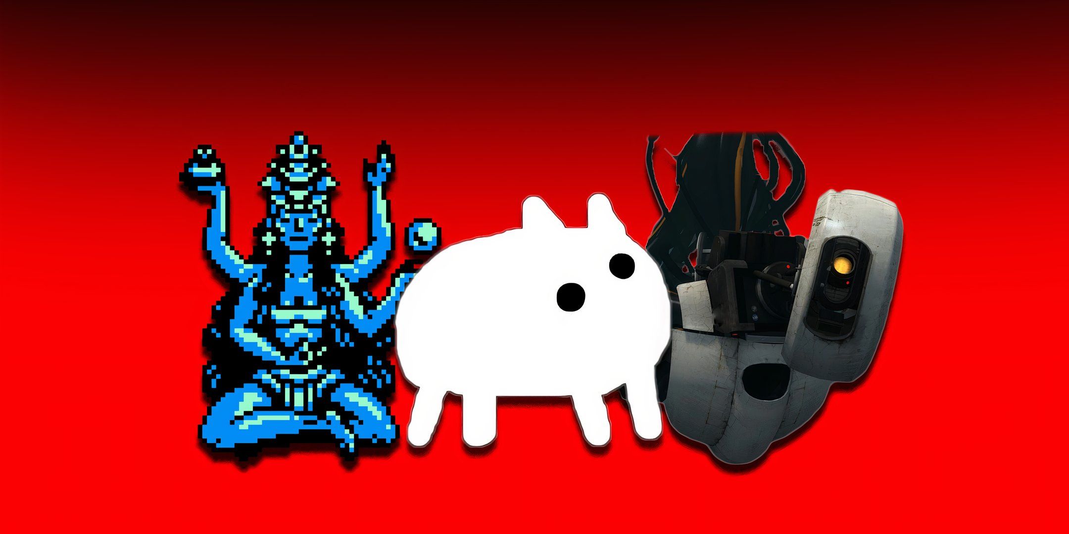Characters from Isles Of Sea And Sky, Baba Is You and Portal.