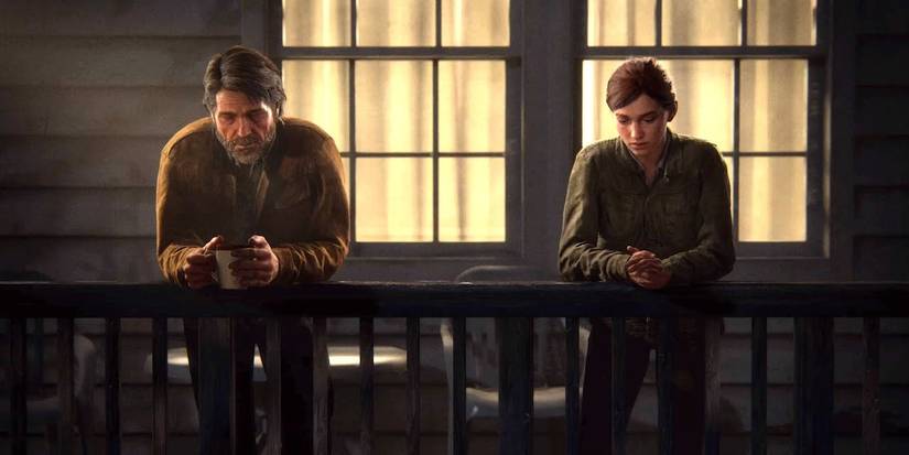 Joel and Ellie stand on the back porch talking in The Last of Us Part 2.