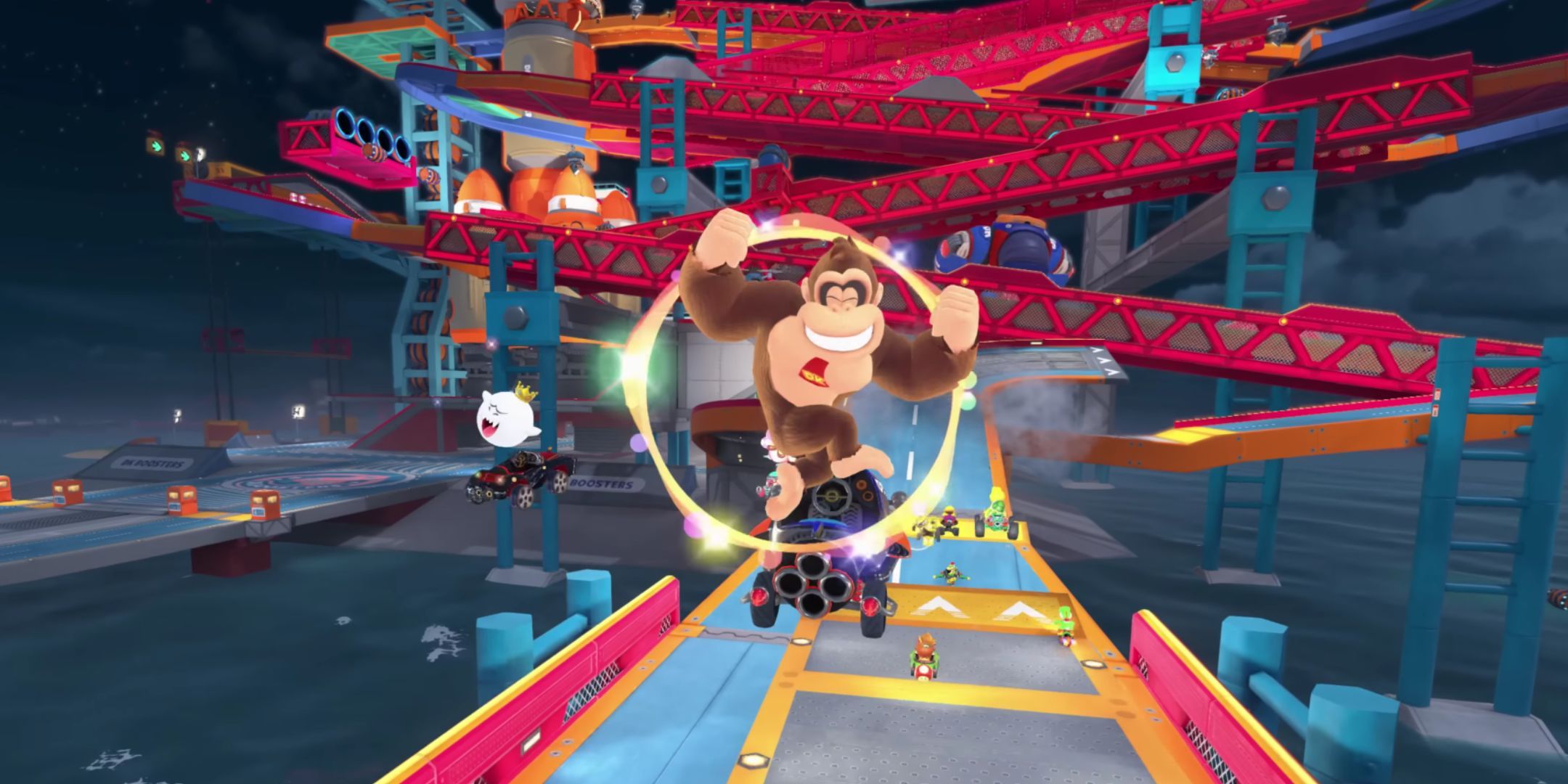 Donkey Kong doing a trick in Mario Kart World.
