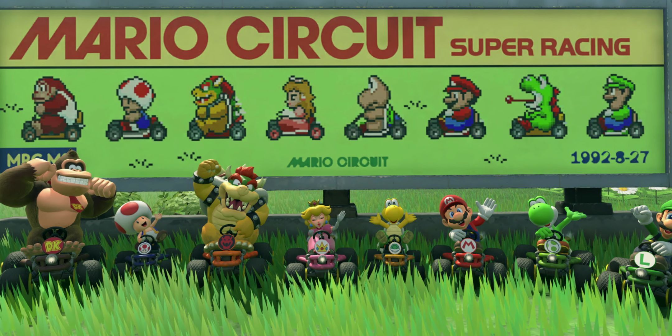 A shot from the original Mario Kart being recreated in Mario Kart World.