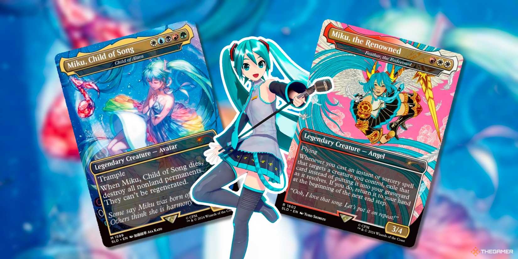 Miku, Child Of Song (Mythic, Secret Lair Drop 1599) By Aya Kato And Miku, The Reowned (Rare, Secret Lair Drop 1602) by Yuko Shimizu from Magic The Gathering's Hatsune Miku Secret Lair Drops.
