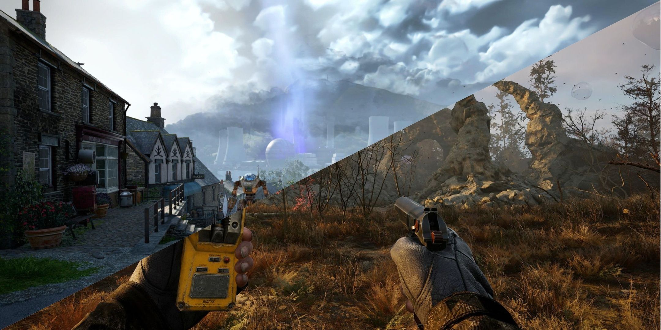 A spliced in half image of Atomfall's scenic English village and Stalker 2's Zone.