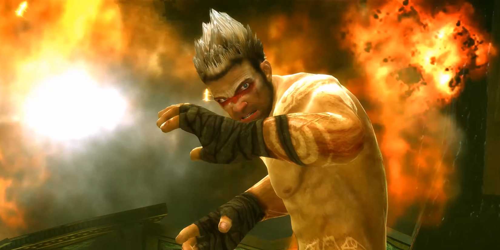 Monkey protecting his face from an explosion in Enslaved: Odyssey to the West.