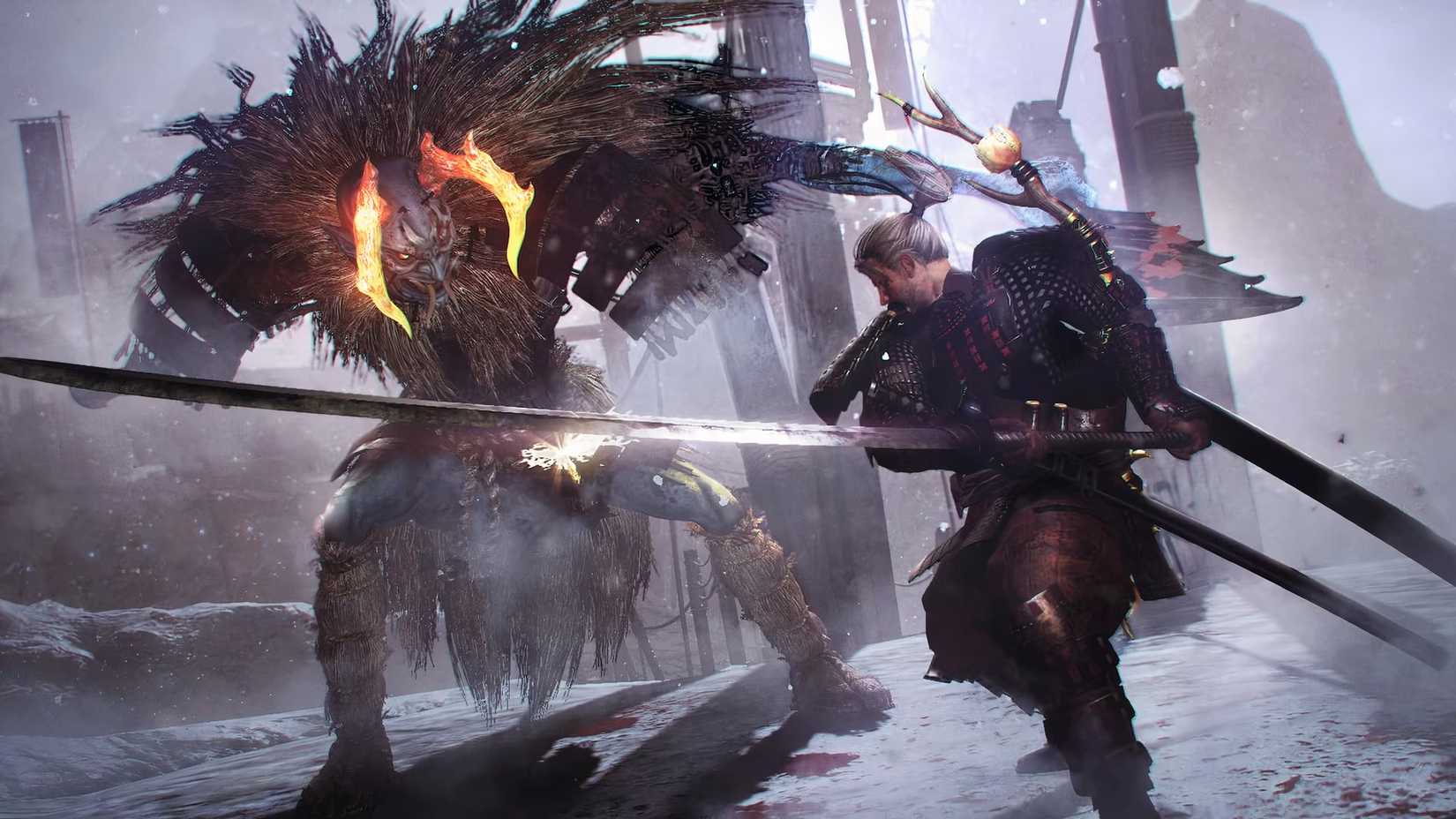 Nioh hero attacks a large dragon.