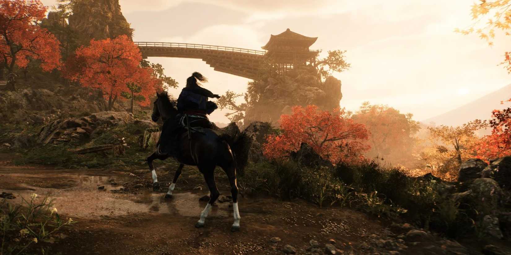 The rise of an image of a ronin showing the player riding a horse.