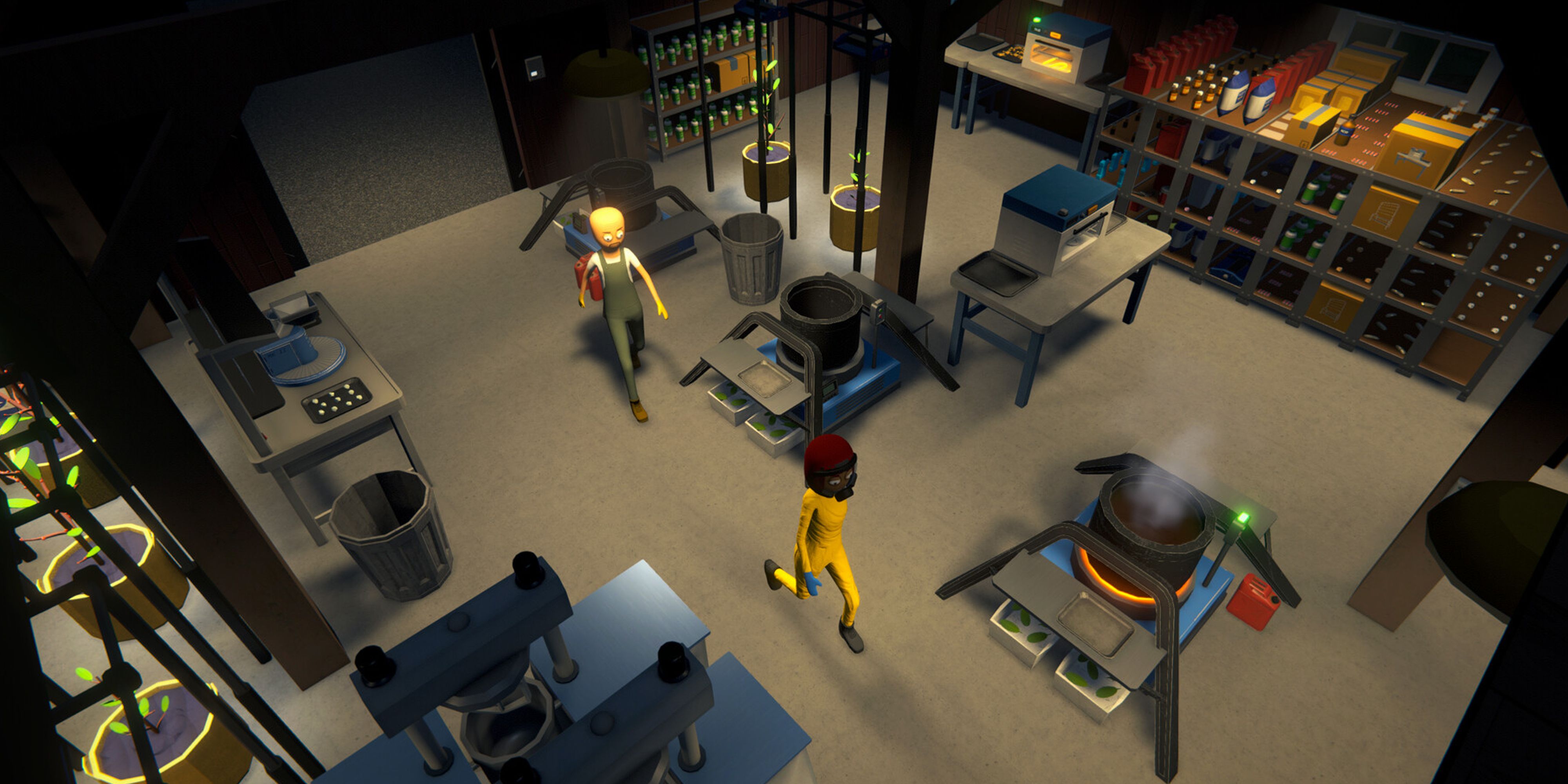 Schedule 1 characters walking through a drug lab.