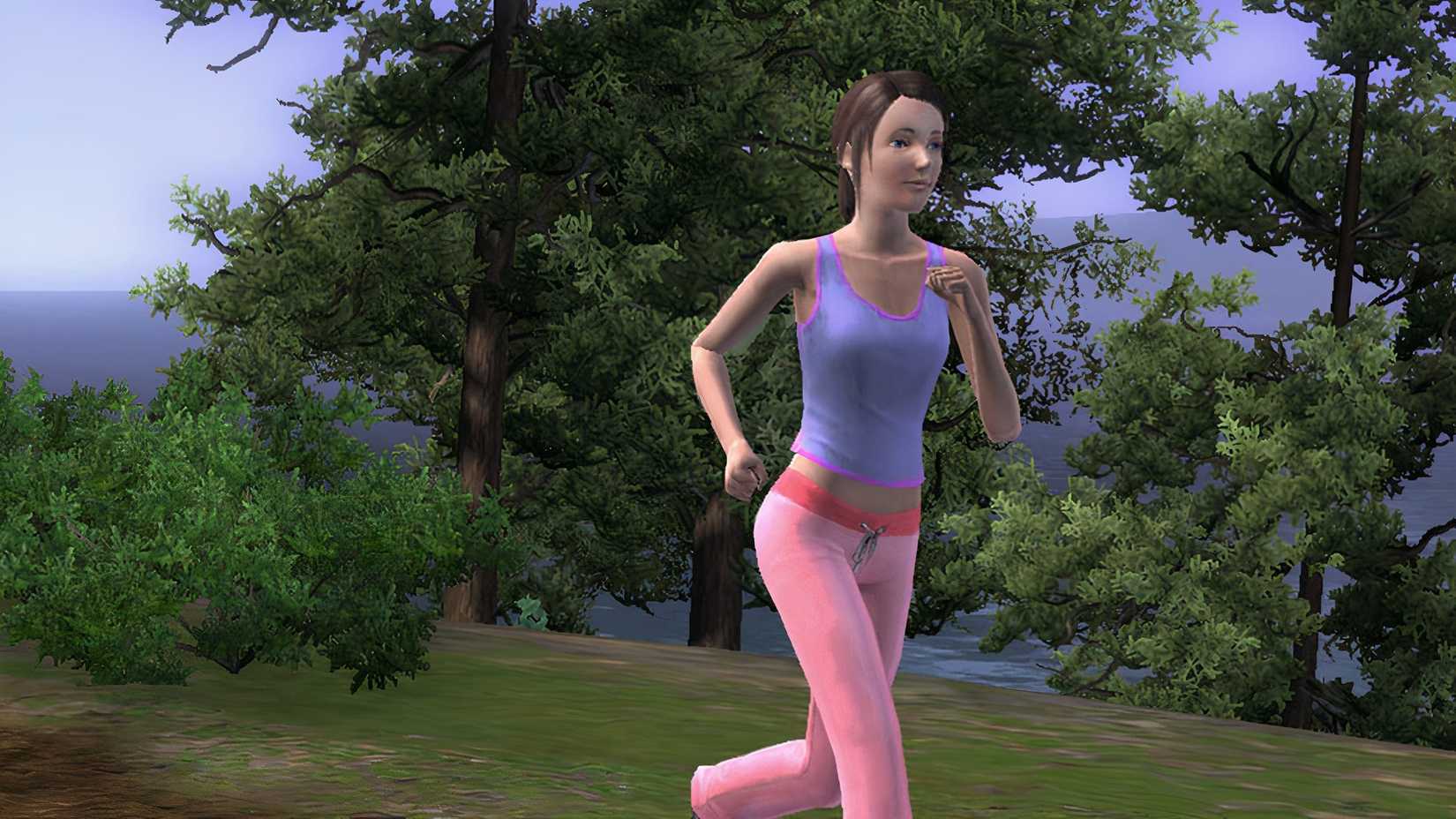 SIMS 3 screenshots of women jogging next to the sea. 
