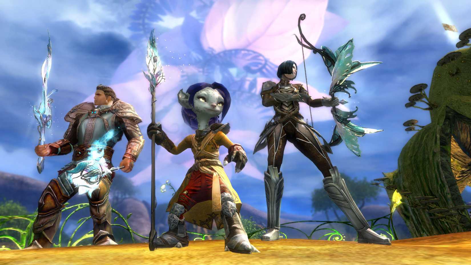 Characters holding a sword, staff and bow from Guild Wars 2