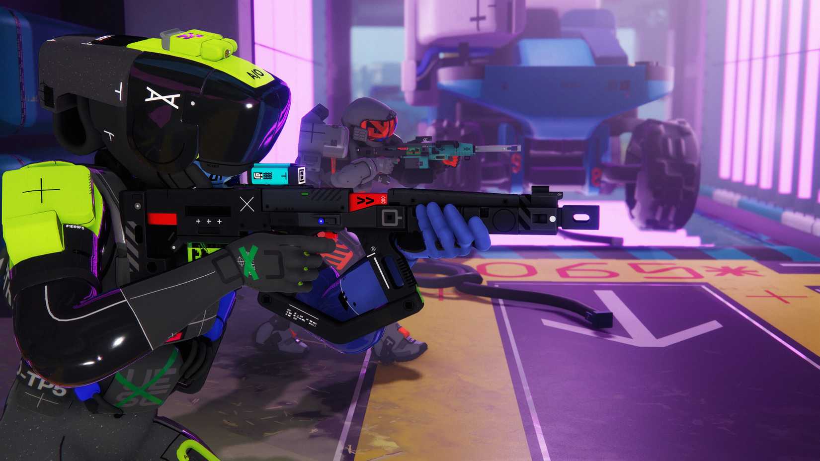 A group of players with attack rifles is approaching the enemy in the marathon. 