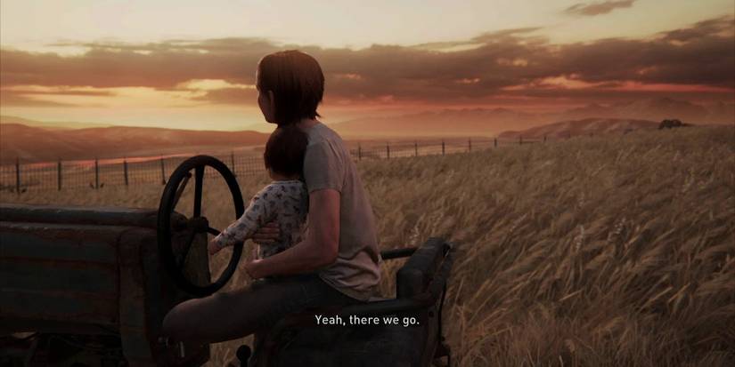 Ellie and JJ sitting on the tractor at sunset in The Last of Us Part II