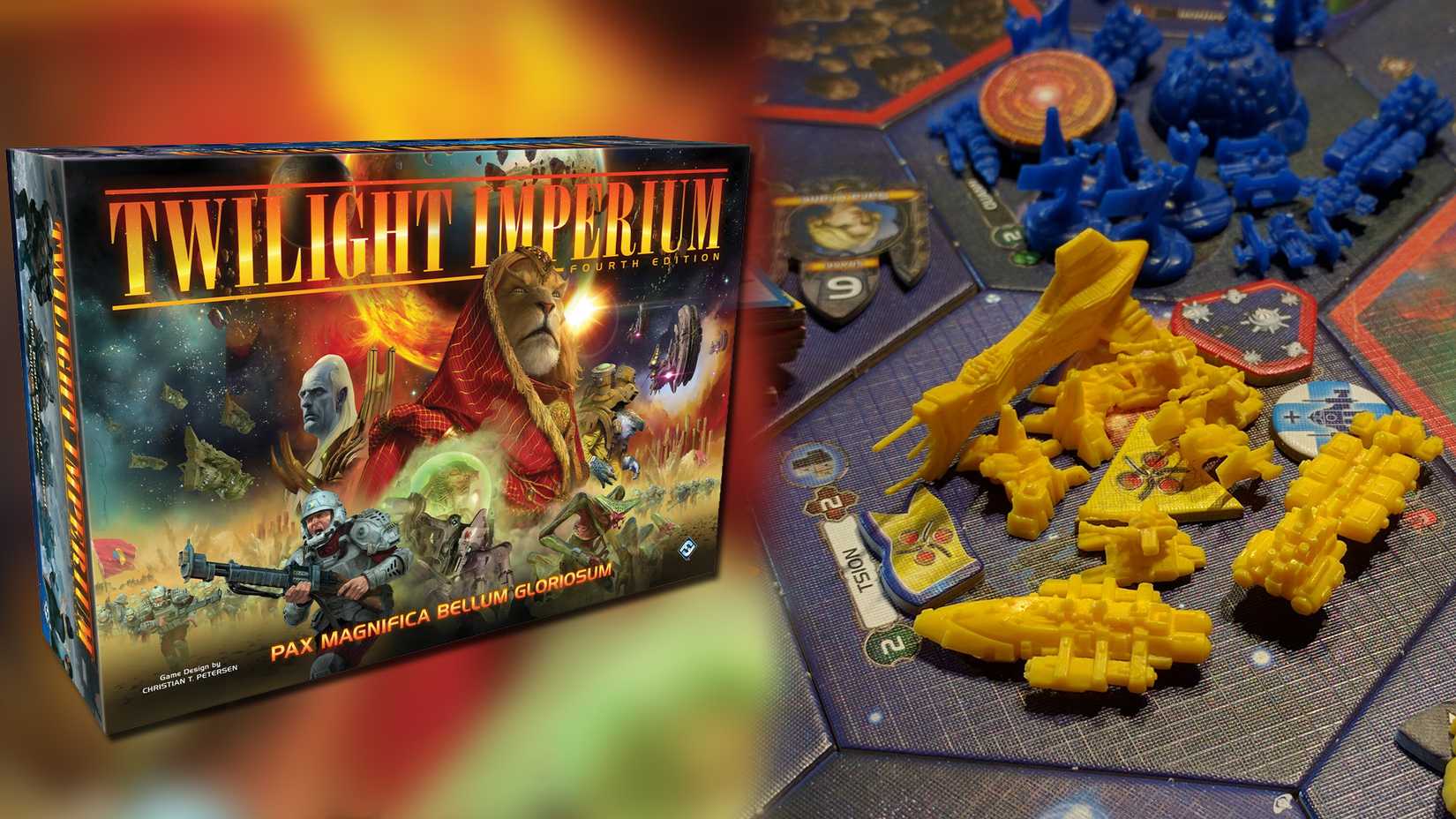 Twilight Imperium board game box and miniature were placed next to each other.