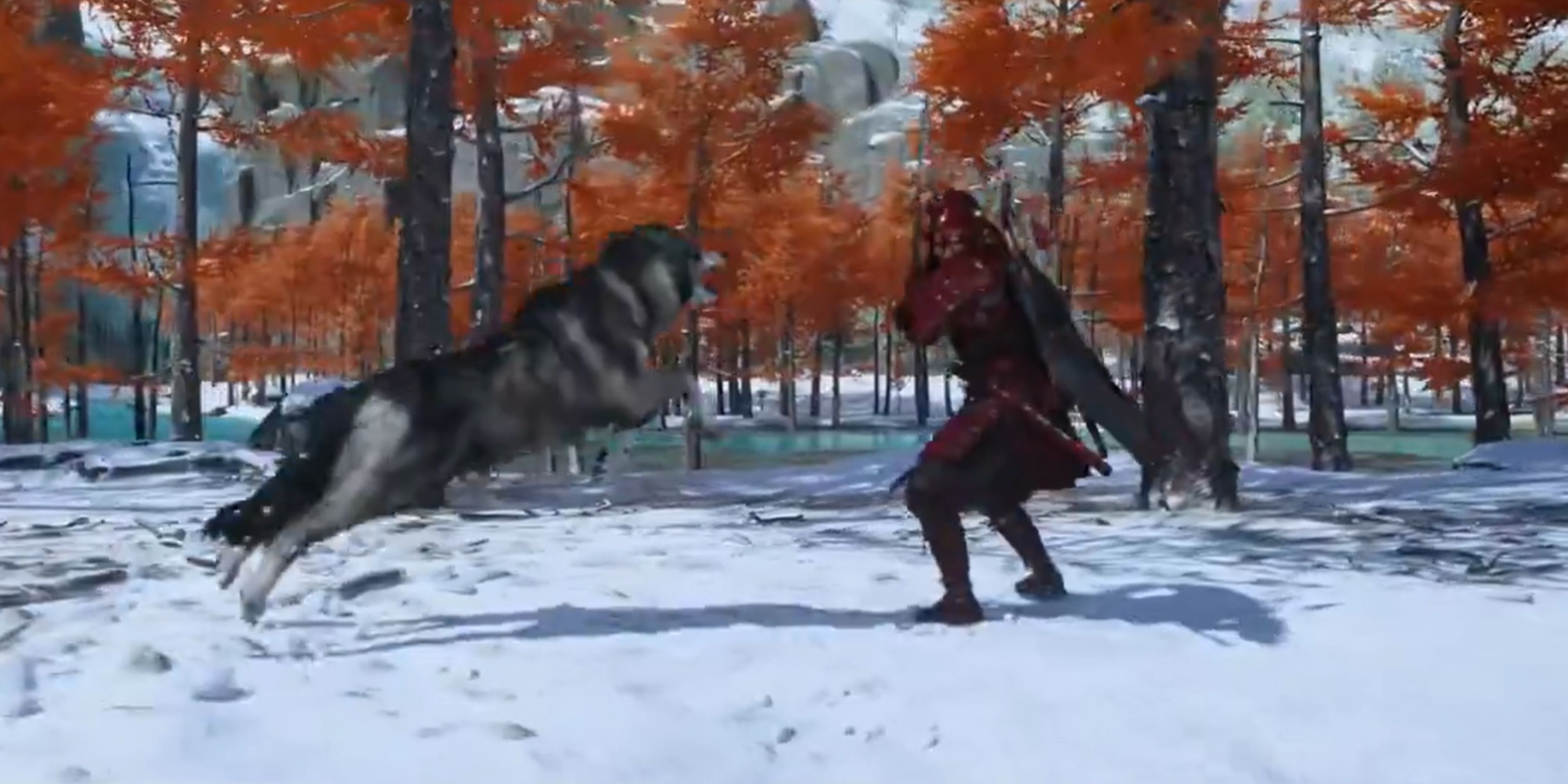 Wolf attacking enemy in Ghost of Yotei