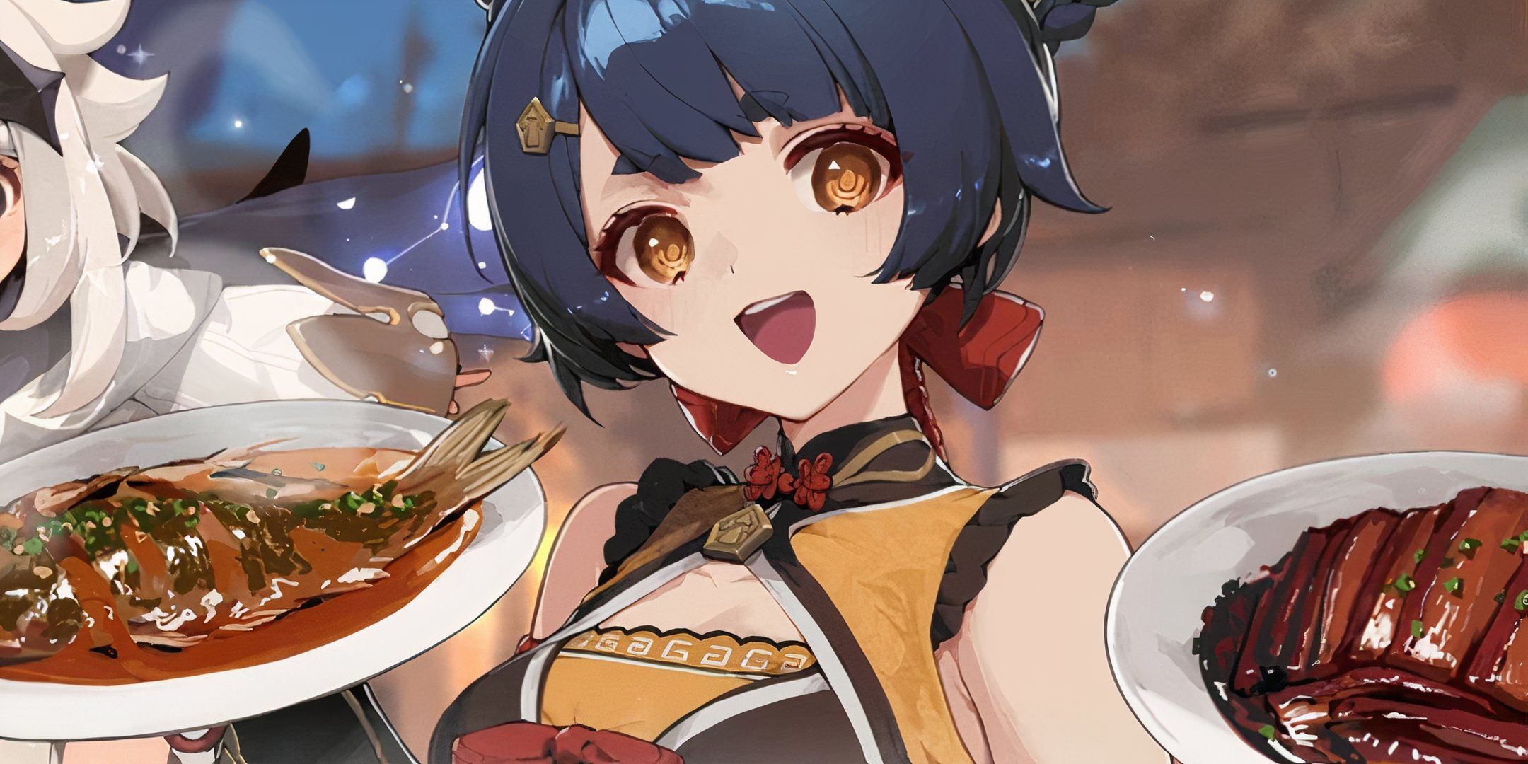 Xiangling from Genshin Impact holding up dishes.