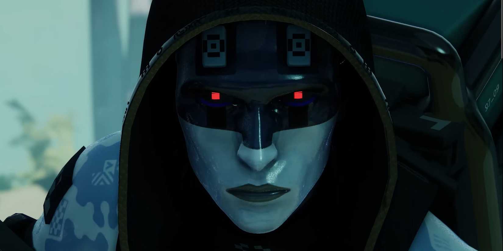 A close-up of a robot woman from Marathon