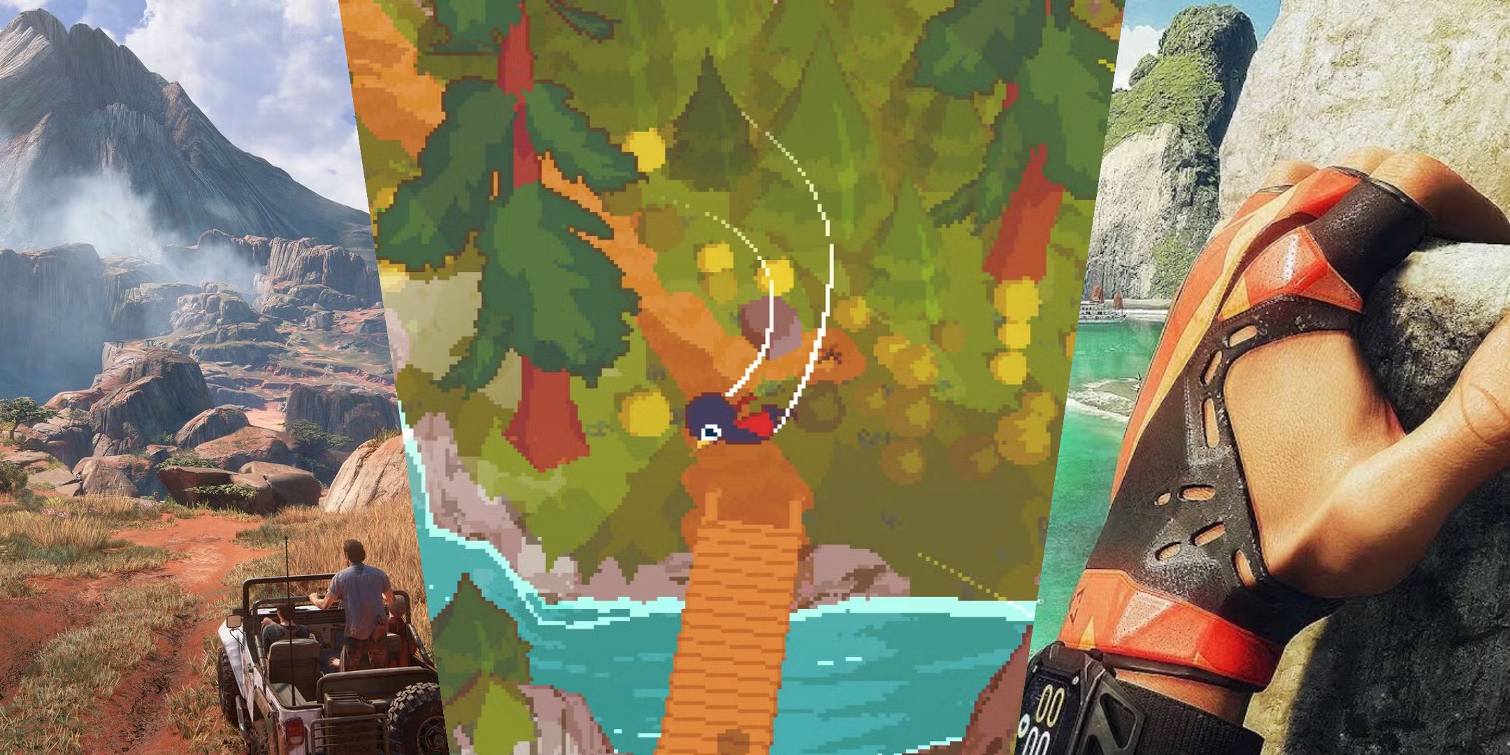 A collage of games about climbing mountains like Uncharted, A Short Hike and The Climb.