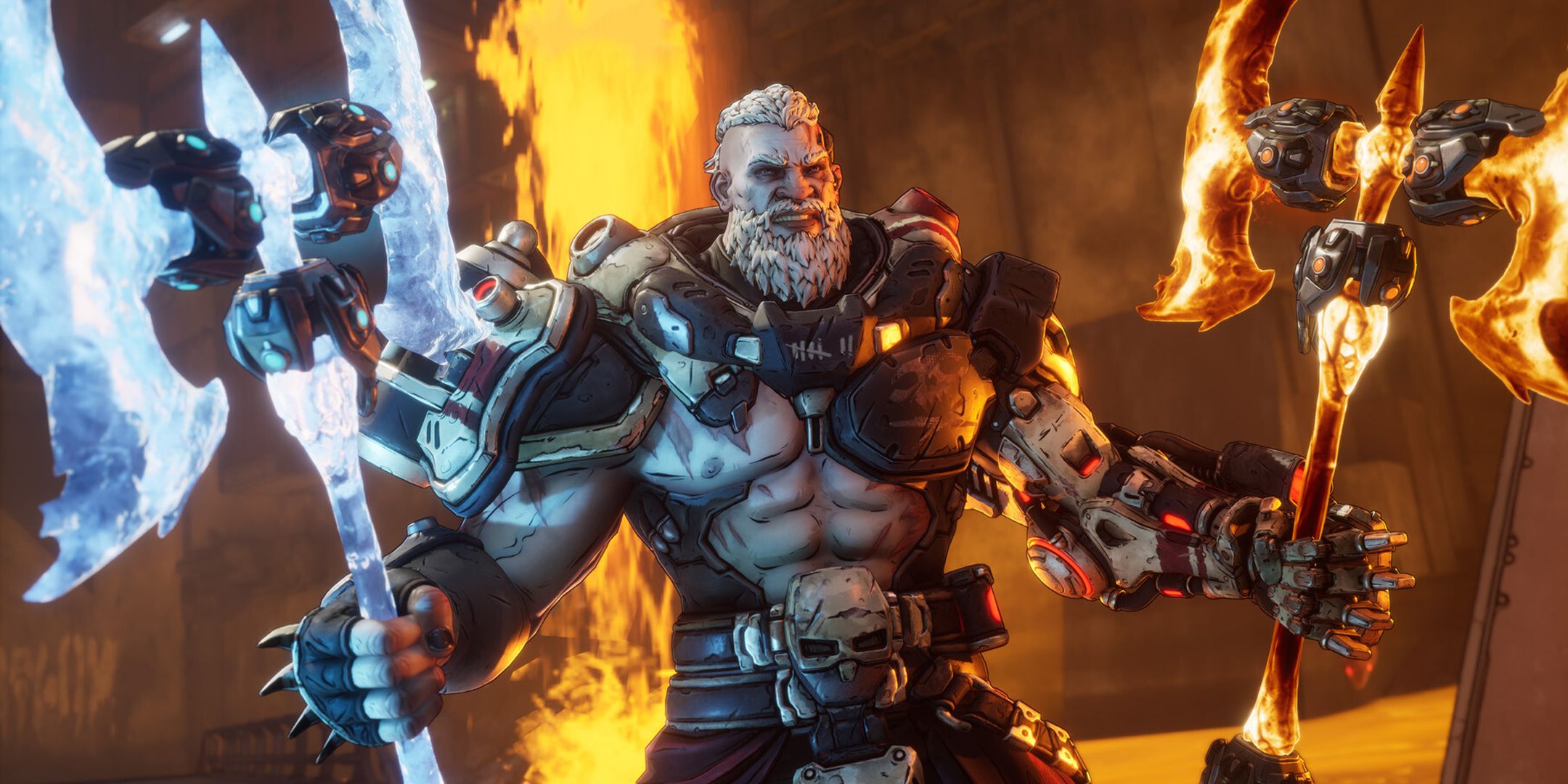 Beefy bearded Borderlands 4 character holding an ice and fire axe.