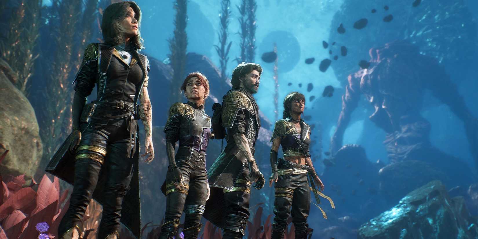 Lune, Maelle, Gustave and Sciel look at the landscape above them in Expedition 33.