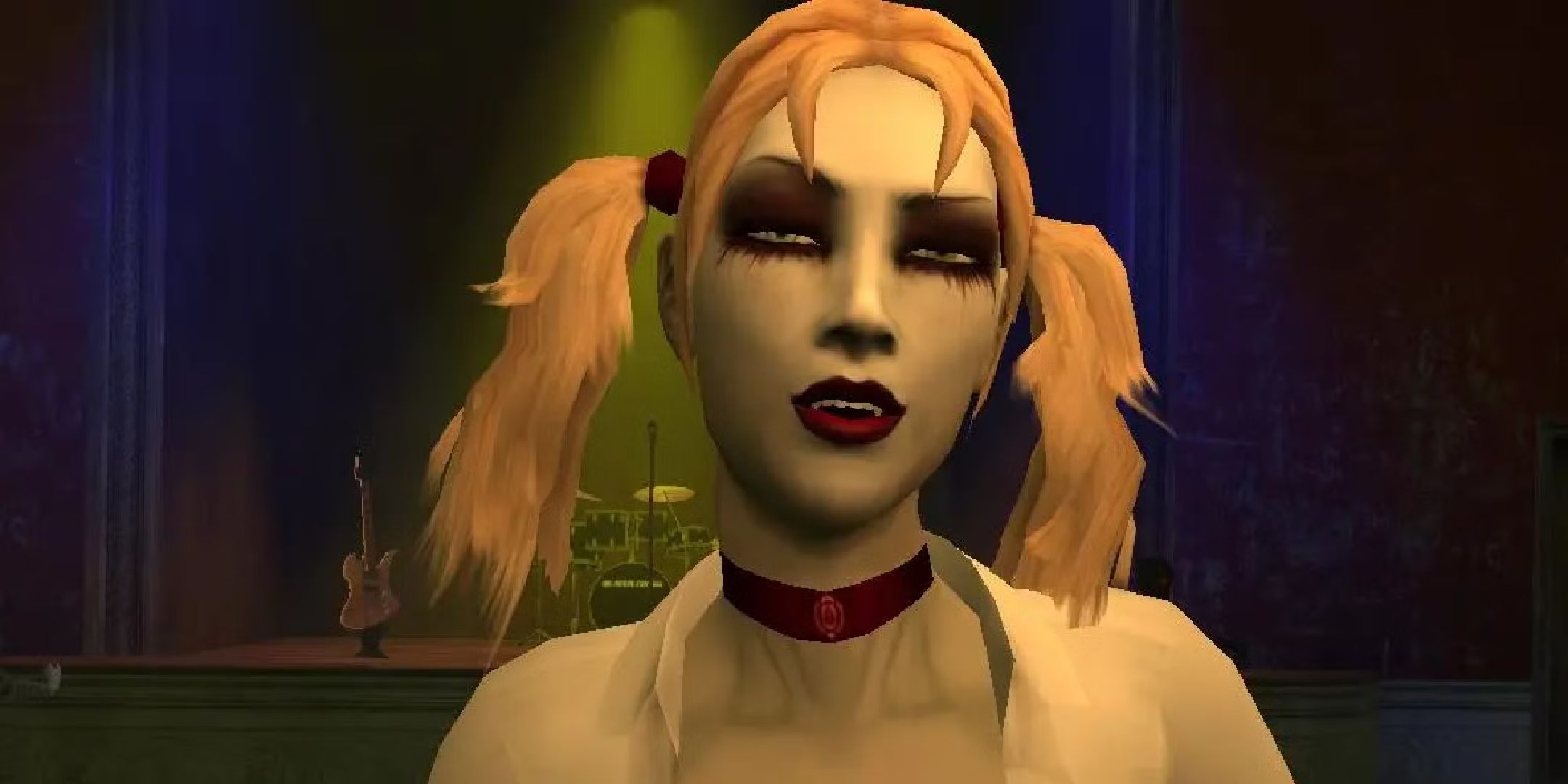 Blonde girl from Vampire_ The Masquerade looking straight into the camera.