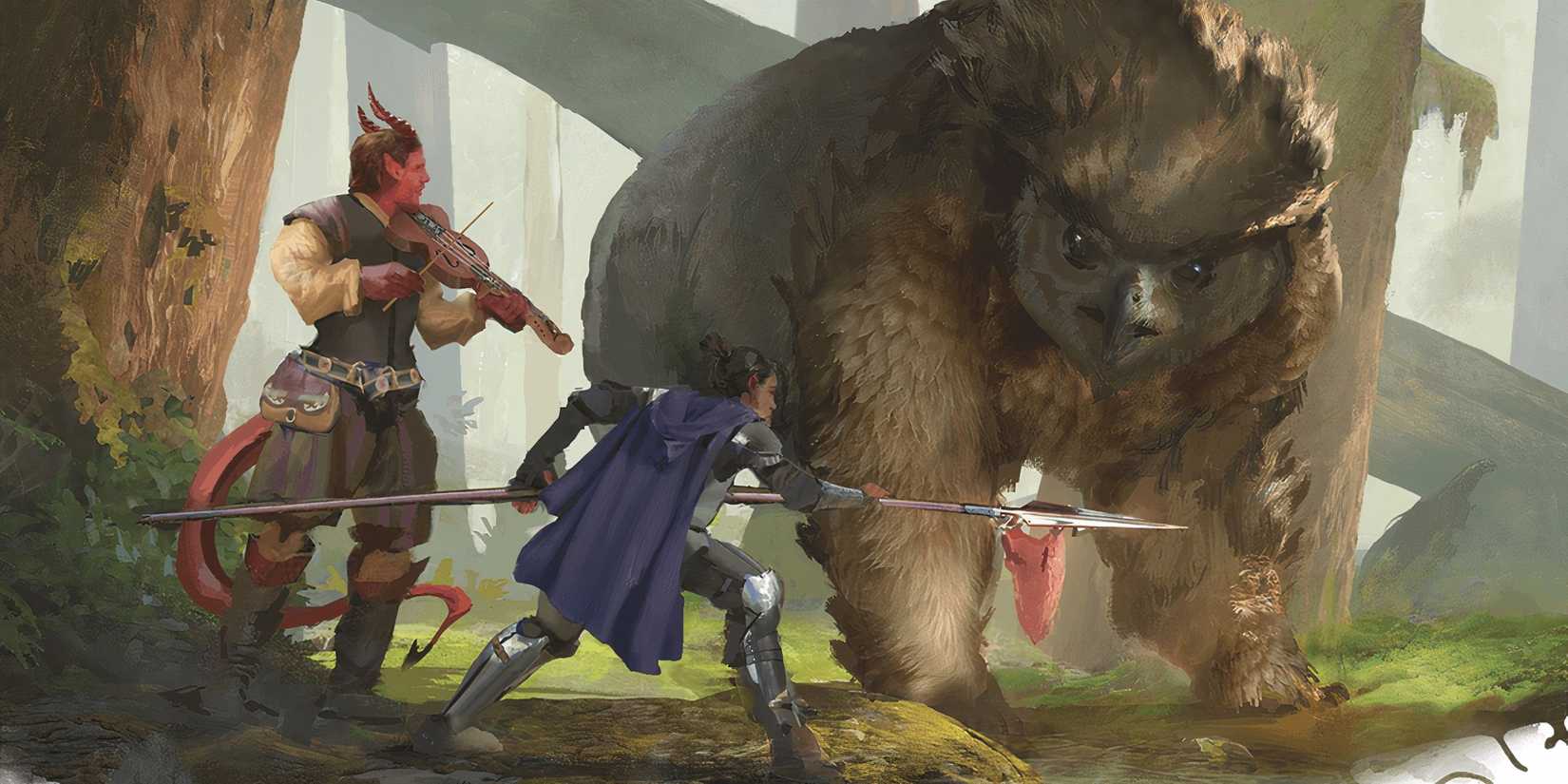 Two adventurers parley with an owlbear in DND. 