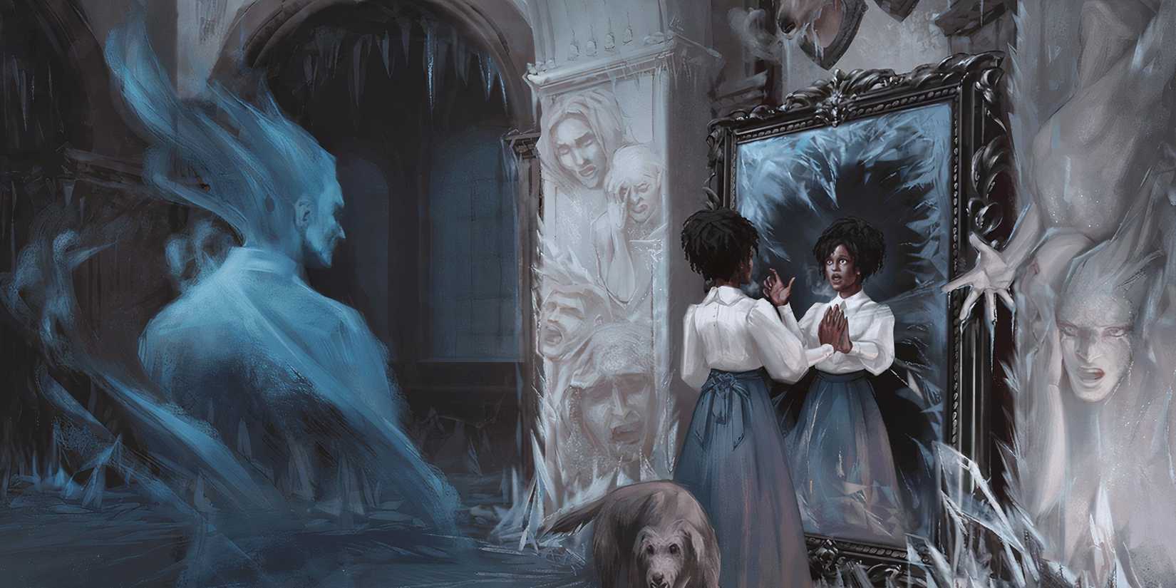 A player investigates a mirror in a haunted manor in Dungeons & Dragons. 