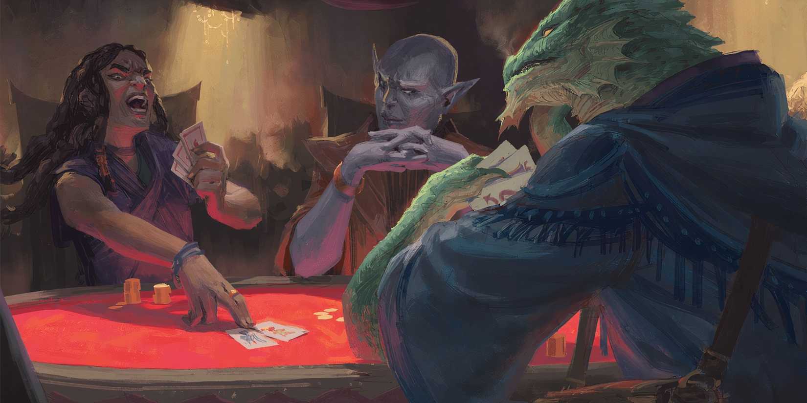 Three players playing a card game in Dungeons & Dragons. 