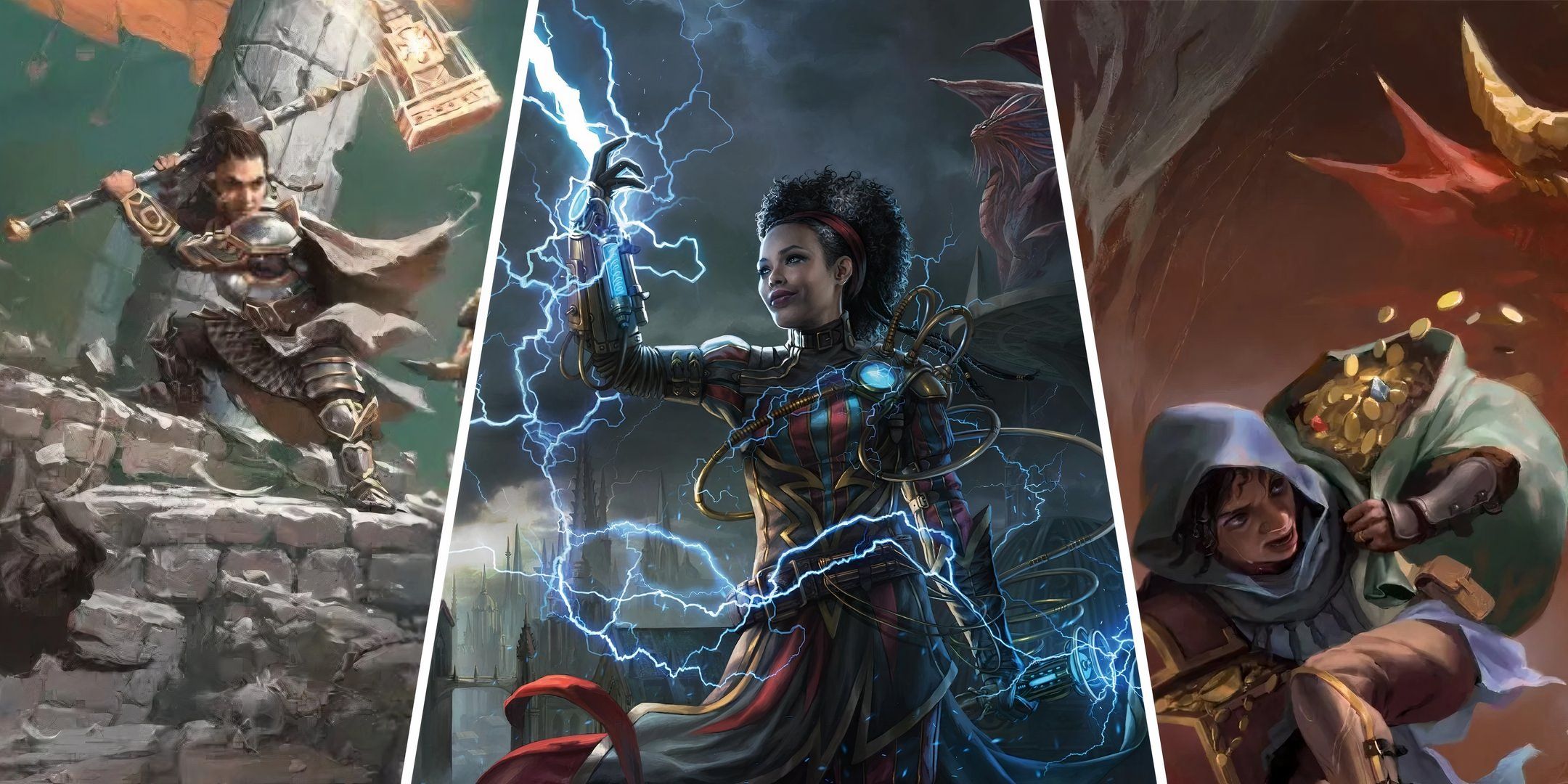 split image featuring a warrior with a hammer, a mage casting a lightning spell, and a thief holding a bag of gold.
