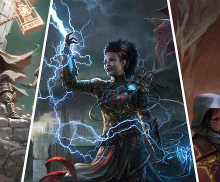 split image featuring a warrior with a hammer, a mage casting a lightning spell, and a thief holding a bag of gold.