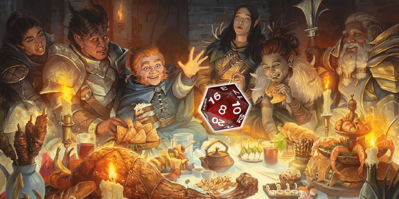 A halfling throwing dice at a table surrounded by adventurers. 