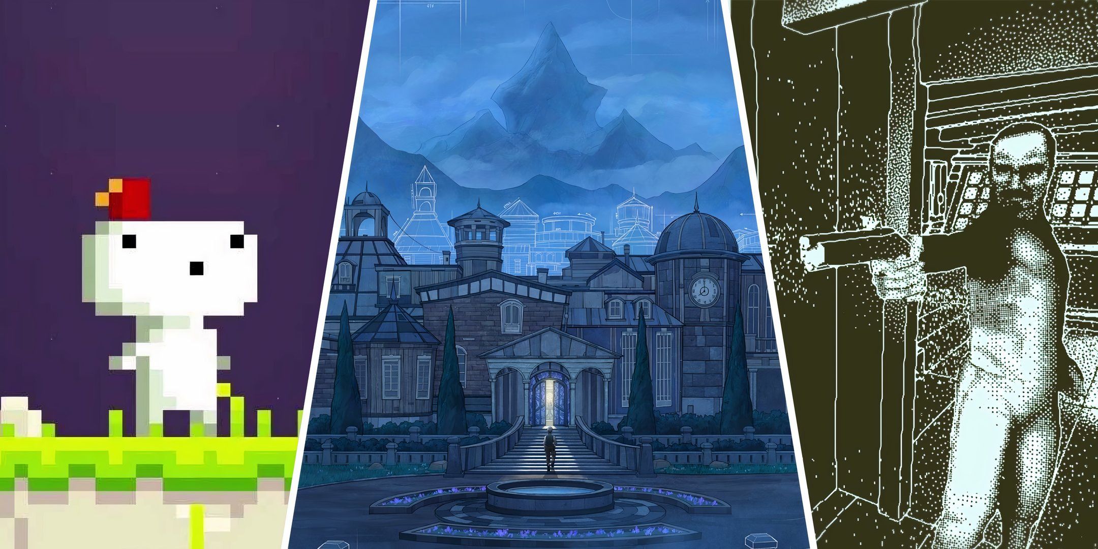 Split image showing a piexalted blob character, a boy standing in front of a mansion, and a sailor shooting a flintlock.
