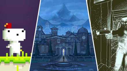 Split image showing a piexalted blob character, a boy standing in front of a mansion, and a sailor shooting a flintlock.