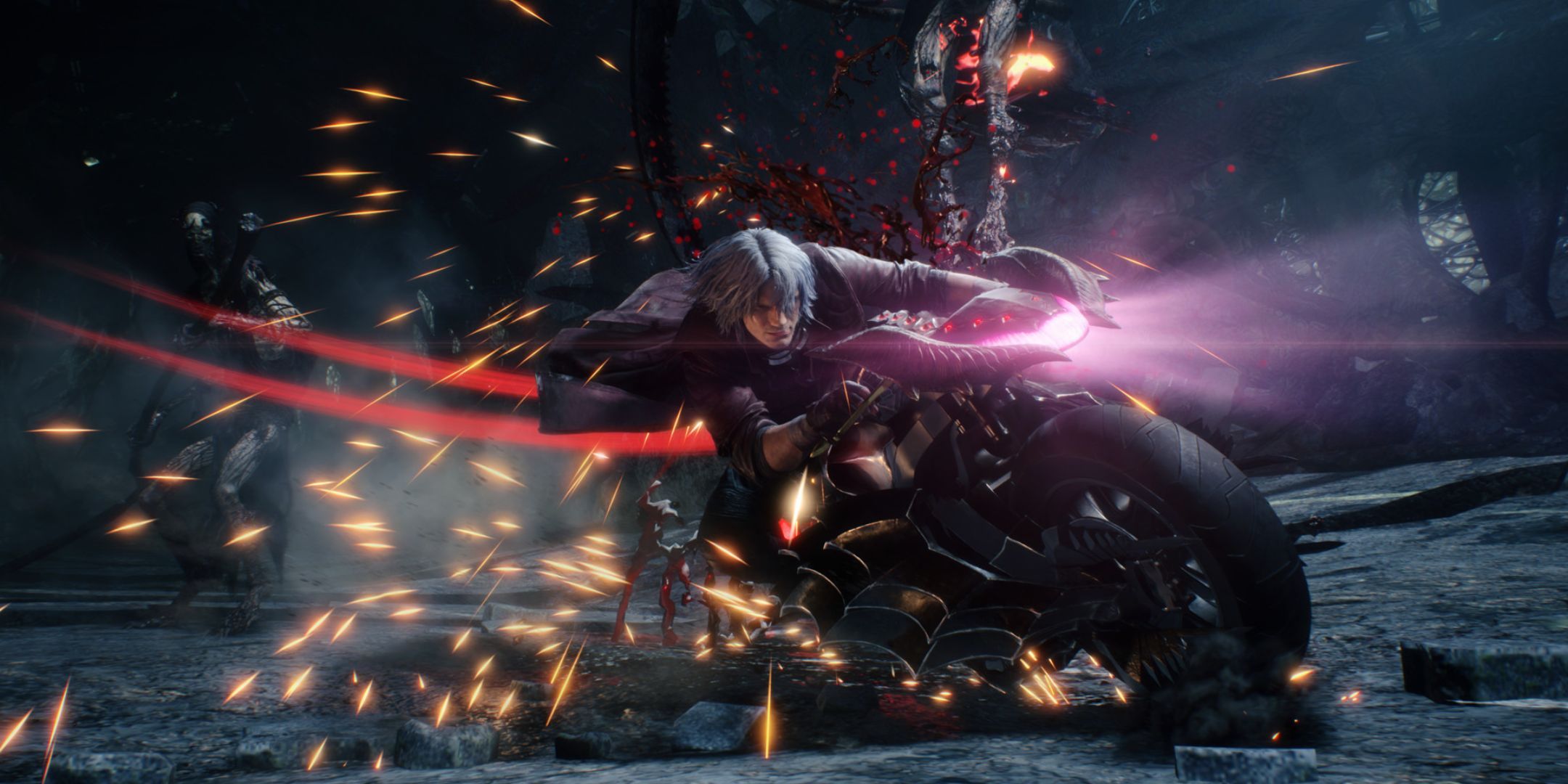 Dante riding a bike in Devil May Cry 5.