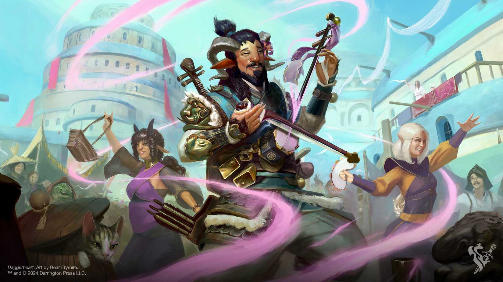 A troubadour bard using magical instruments in Daggerheart.