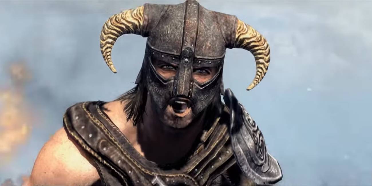 Skyrim VR: لەدایکبووێکی ئەژدیها کە هاوارێکی thuum یان ئازاد دەکات بەرەو کامێرا.