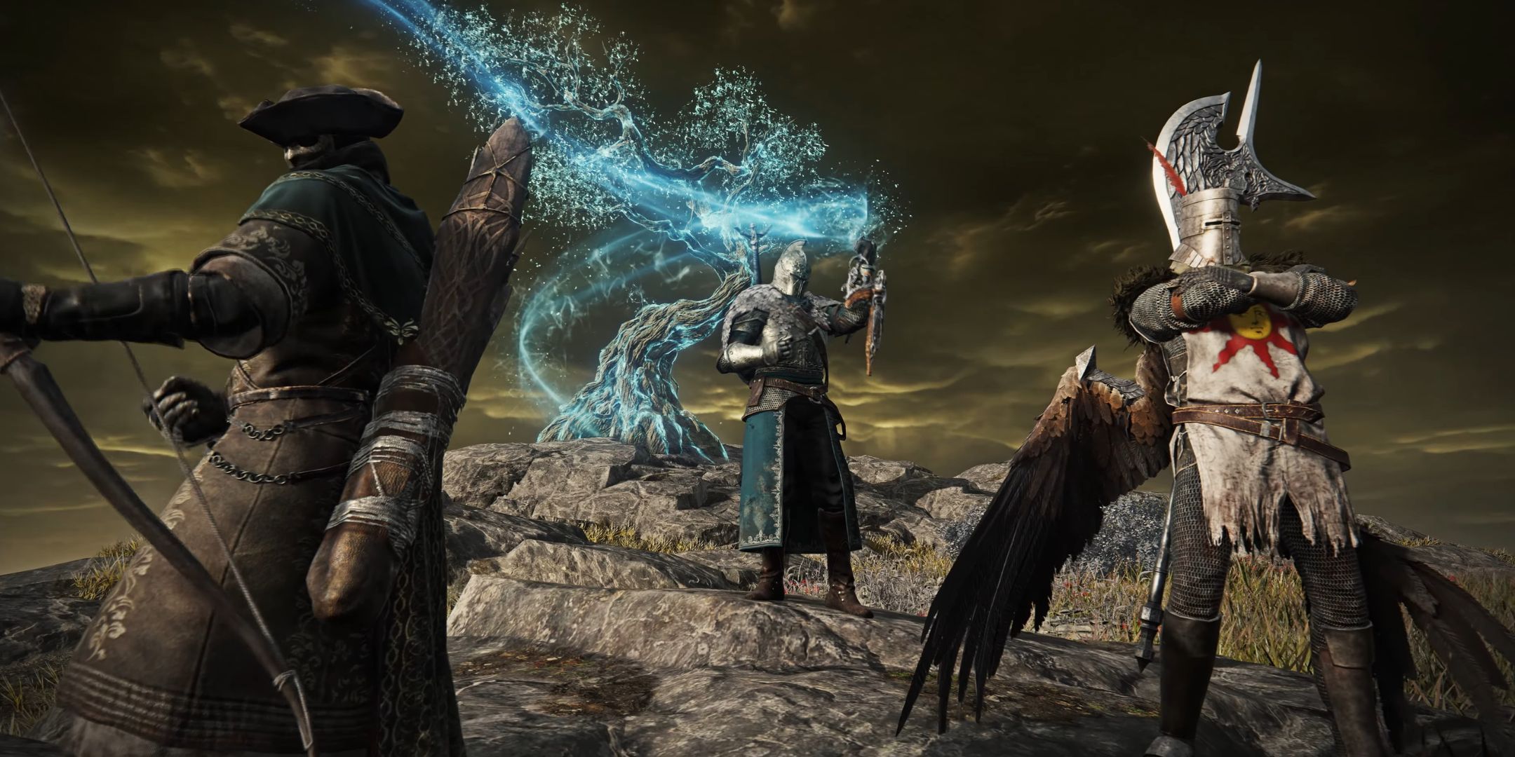 Elden Ring Nightreign players stood togehter. There are three of them, dressed as characters from different FromSoftware games, such as Dark Souls