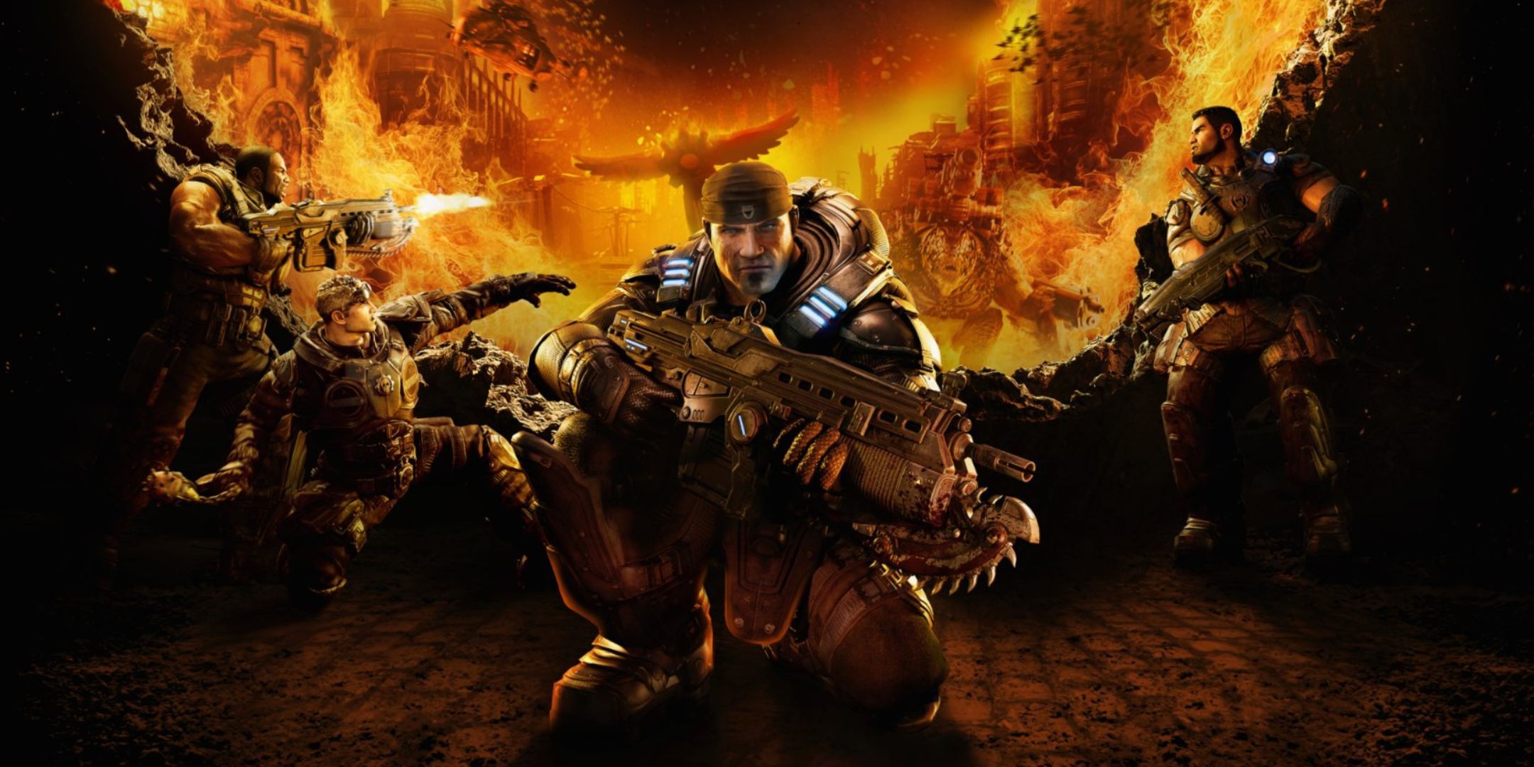 Cover art for Gears of War: Reloaded. It shows futuristic soldiers in a violent setting, with fire everywhere. They are taking cover and shooting at monsters