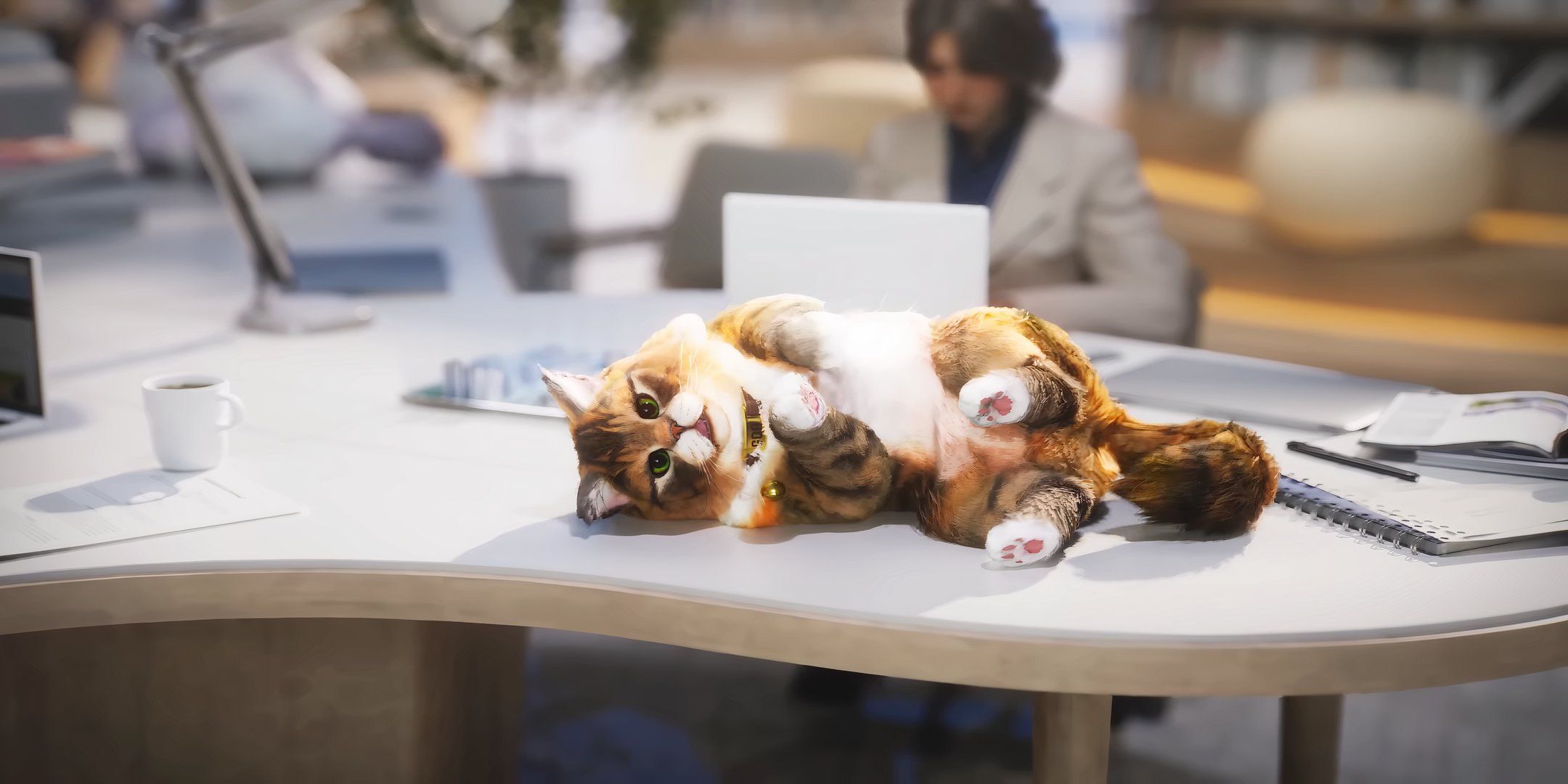 red cat rolling on table in inzoi.