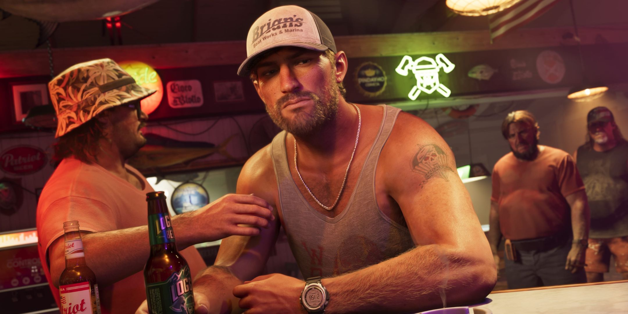 Jason drinking a beer at a bar in GTA 6. His friend grabs his arm as two people behind him stare at him angrily