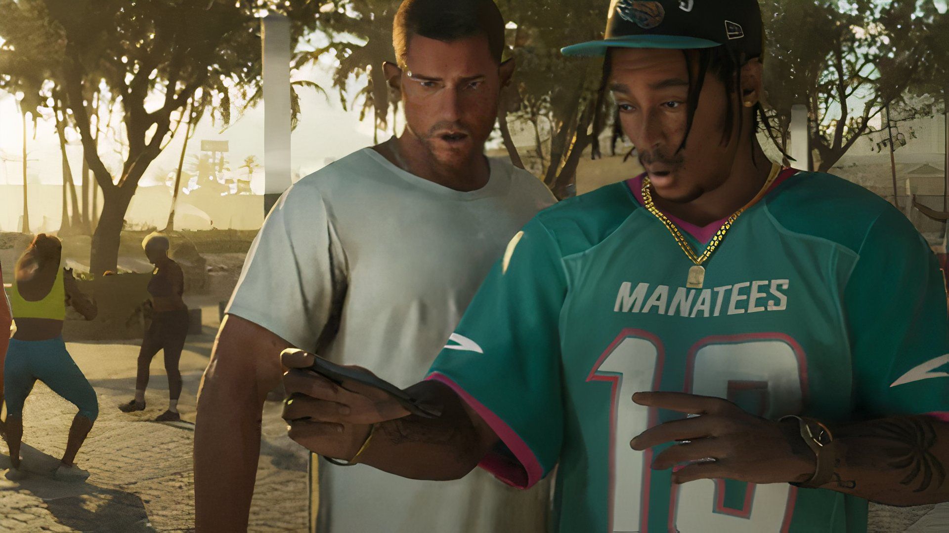 Two guys looking at a phone, with one wearing a Manatees jersey in GTA 6.
