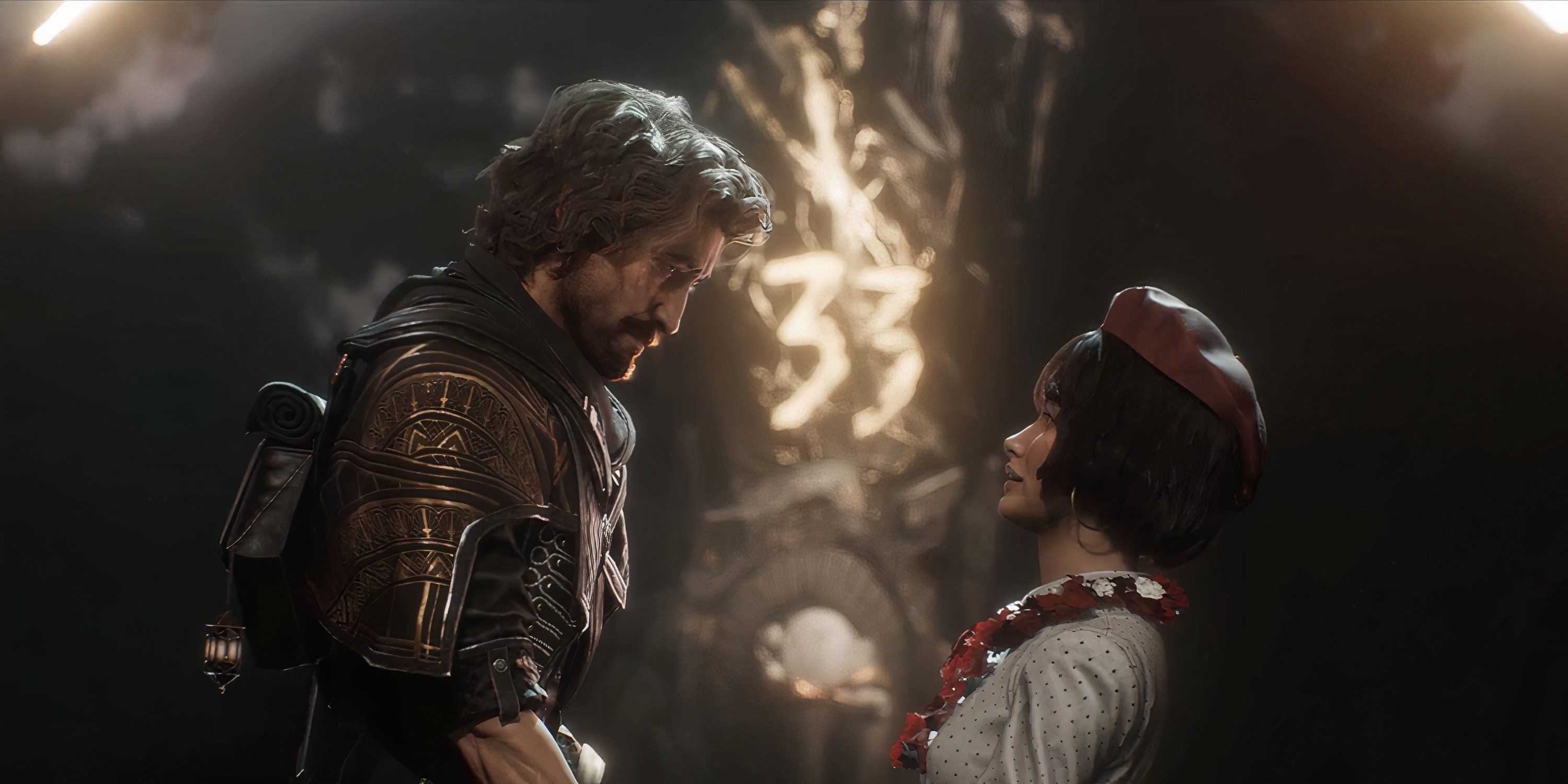 Clair Obscur Expedition 33 in Lumiere Gustave and Sophie are looking at each other.