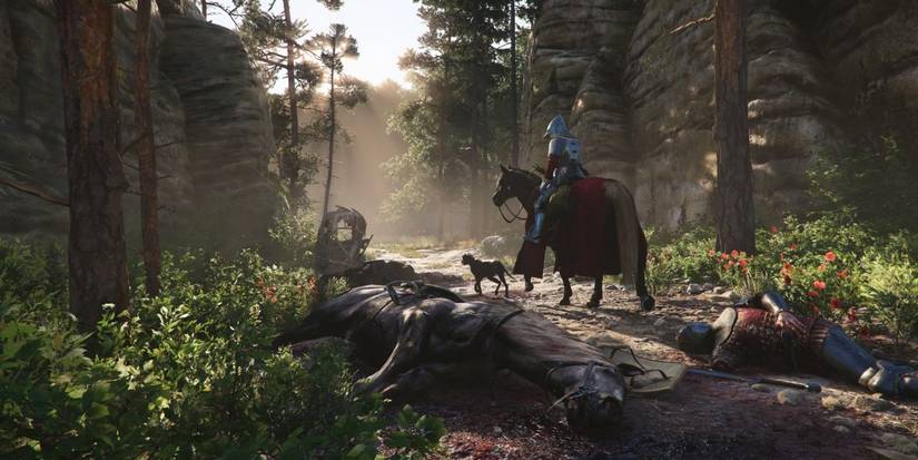 Kingdom Come: Deliverance 2 - A knight in armor rides through a forest filled with corpses.