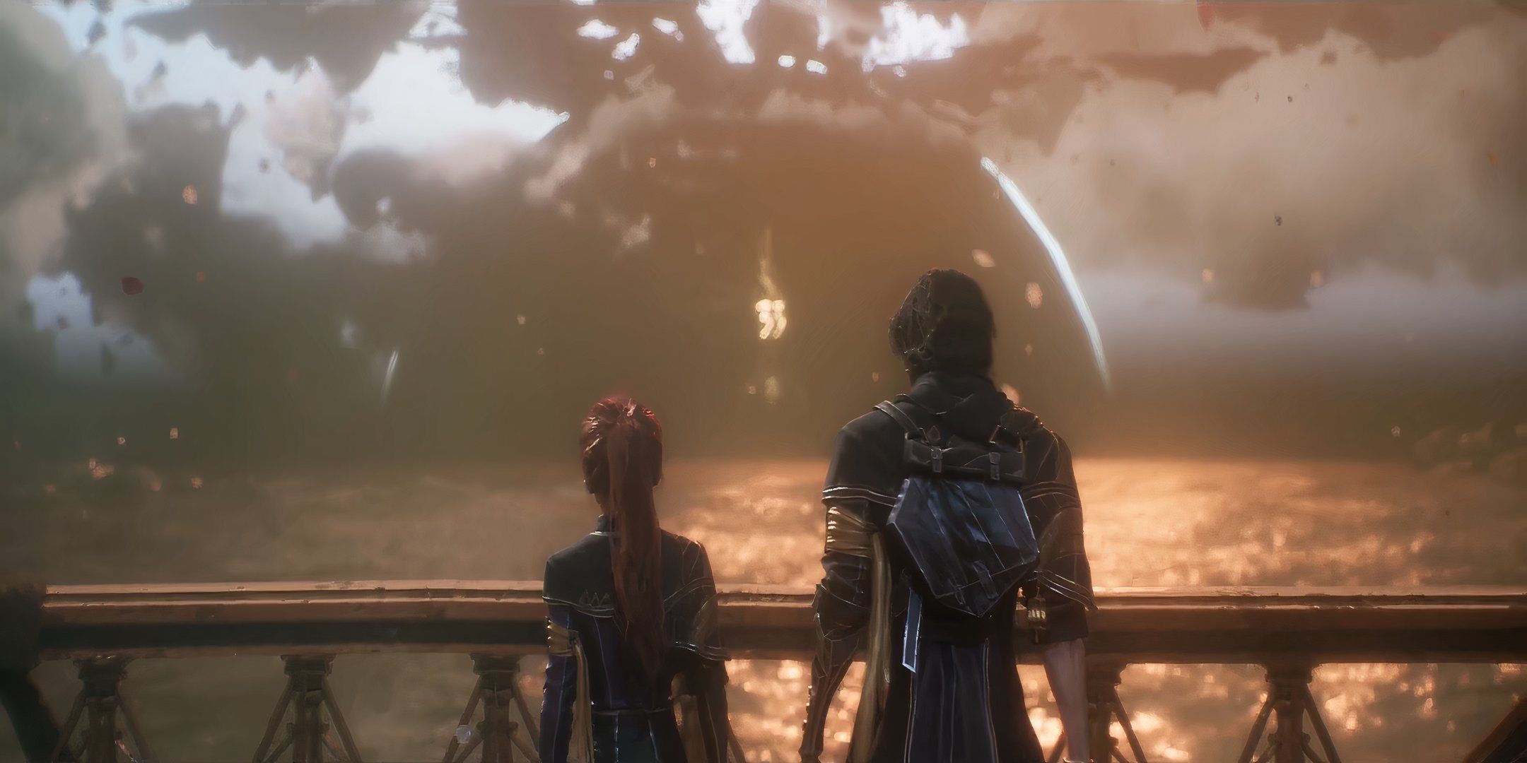 Maelle e Gustave observando o monólito em Clair Obscur: Expedition 33