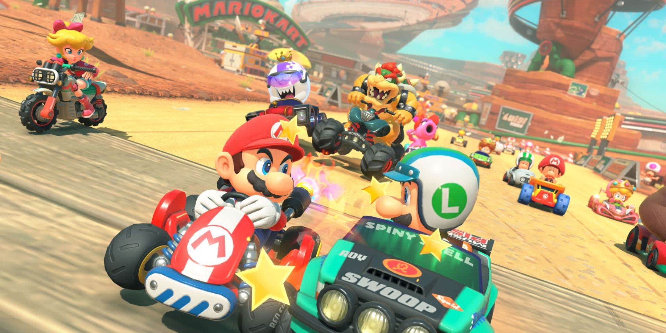 Mario and Luigi butting each other in Mario Kart World.