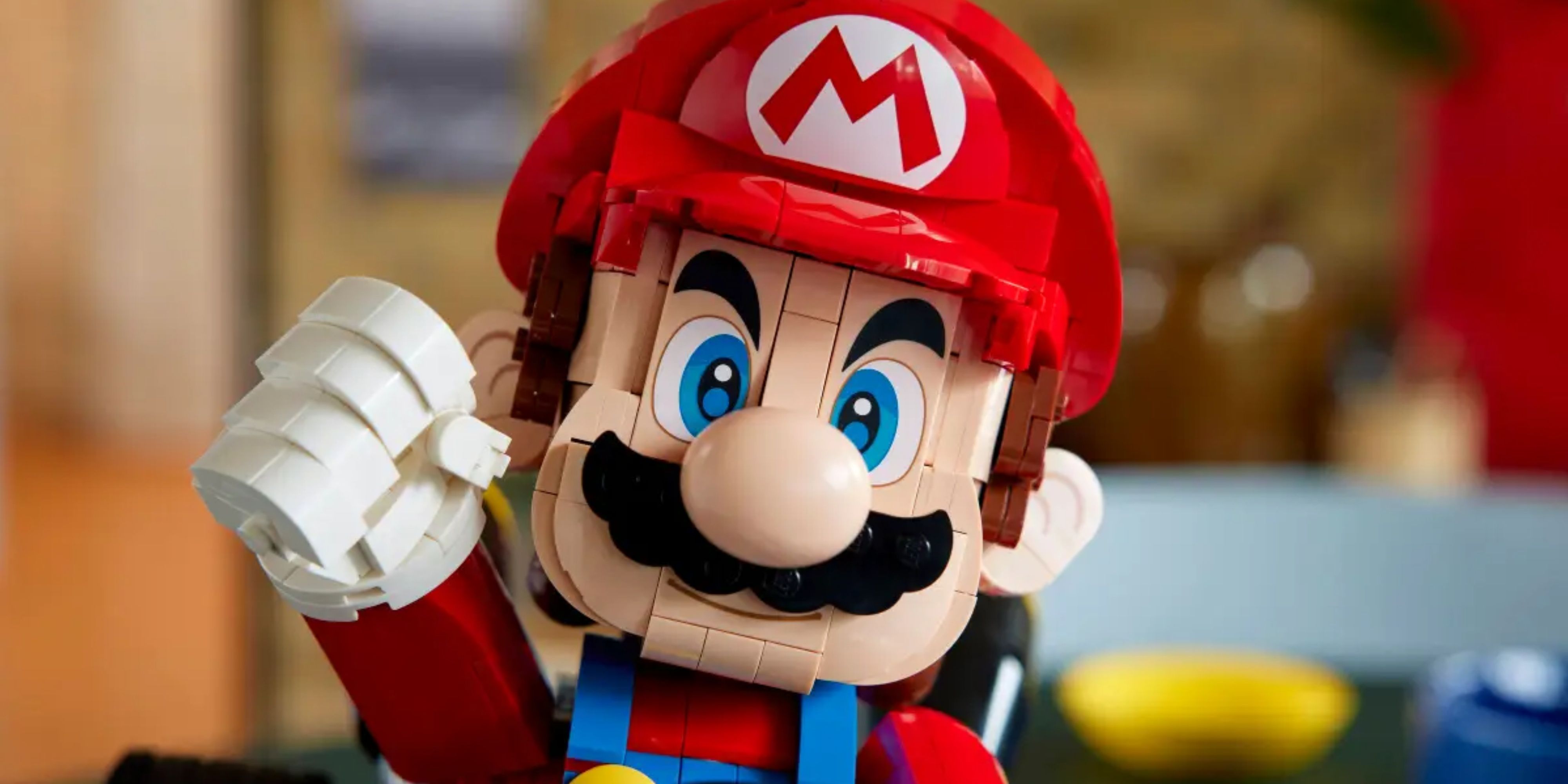 close up of lego mario's face from the lego mario kart set.