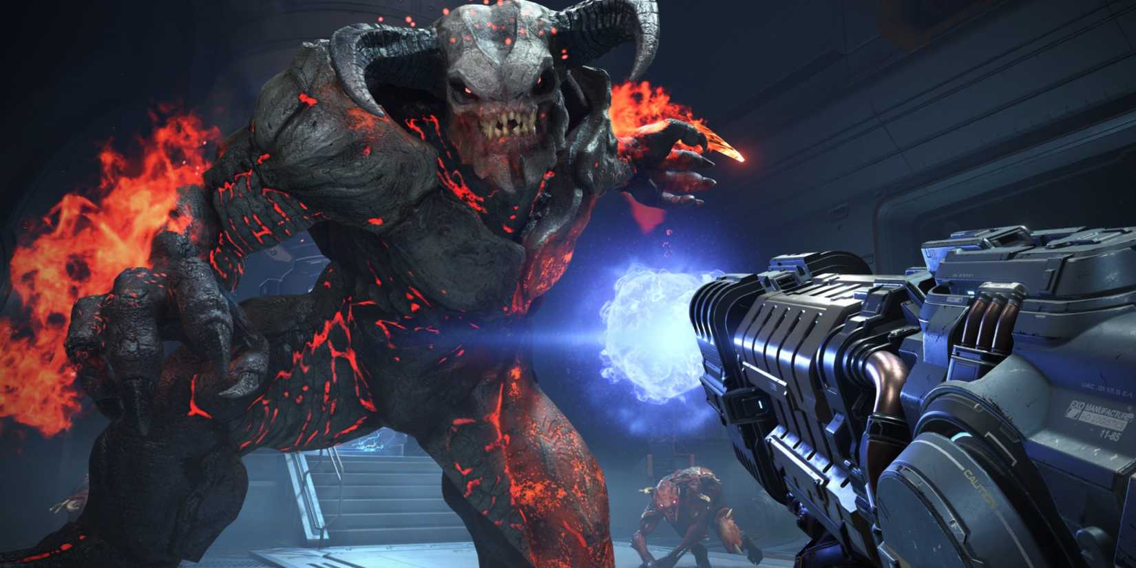 In Doom Eternal a Hell Baron being shot with a plasma weapon.