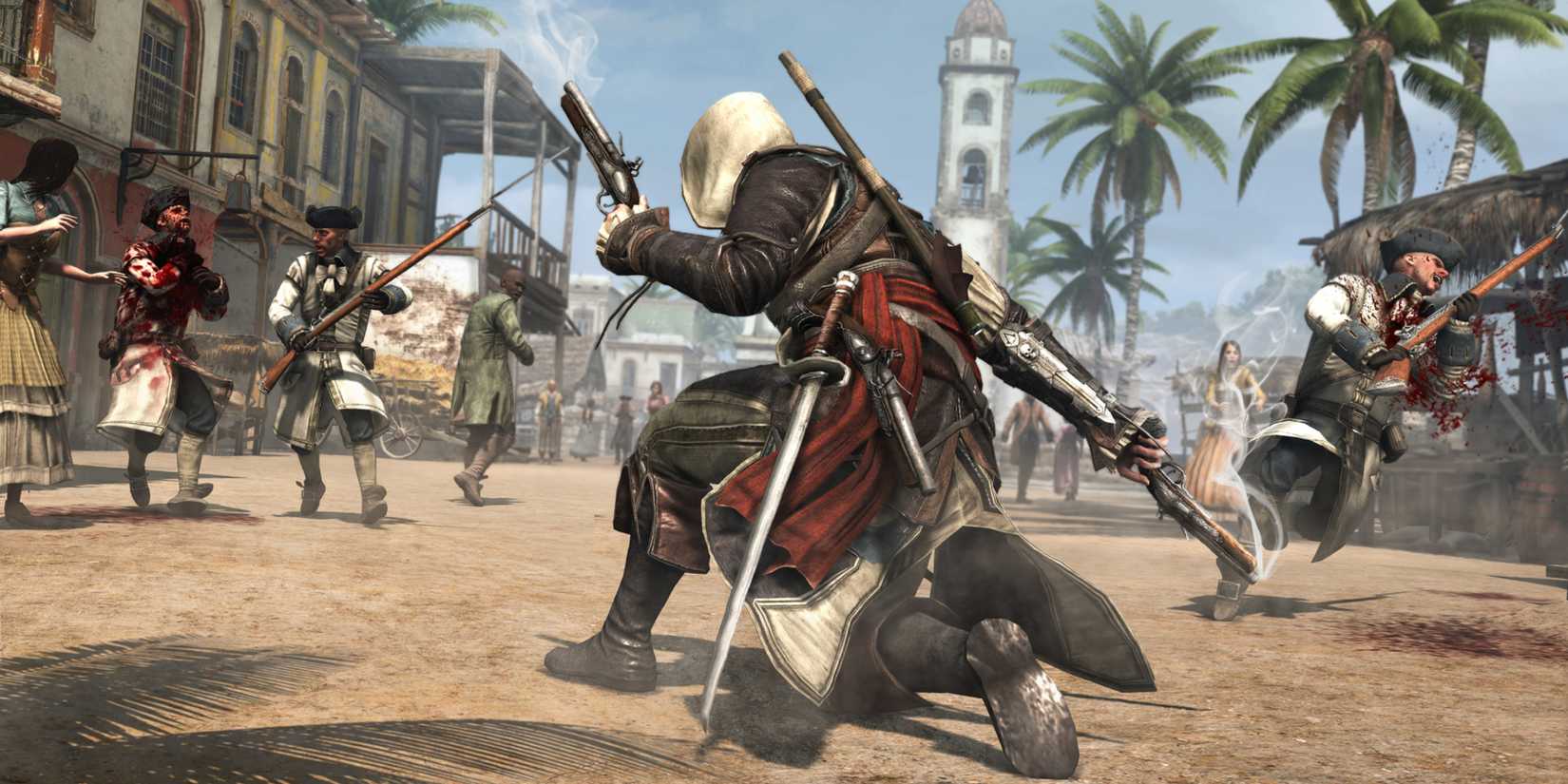 Edward Kenway fighting pirates in Assassin's Creed: Black Flag.